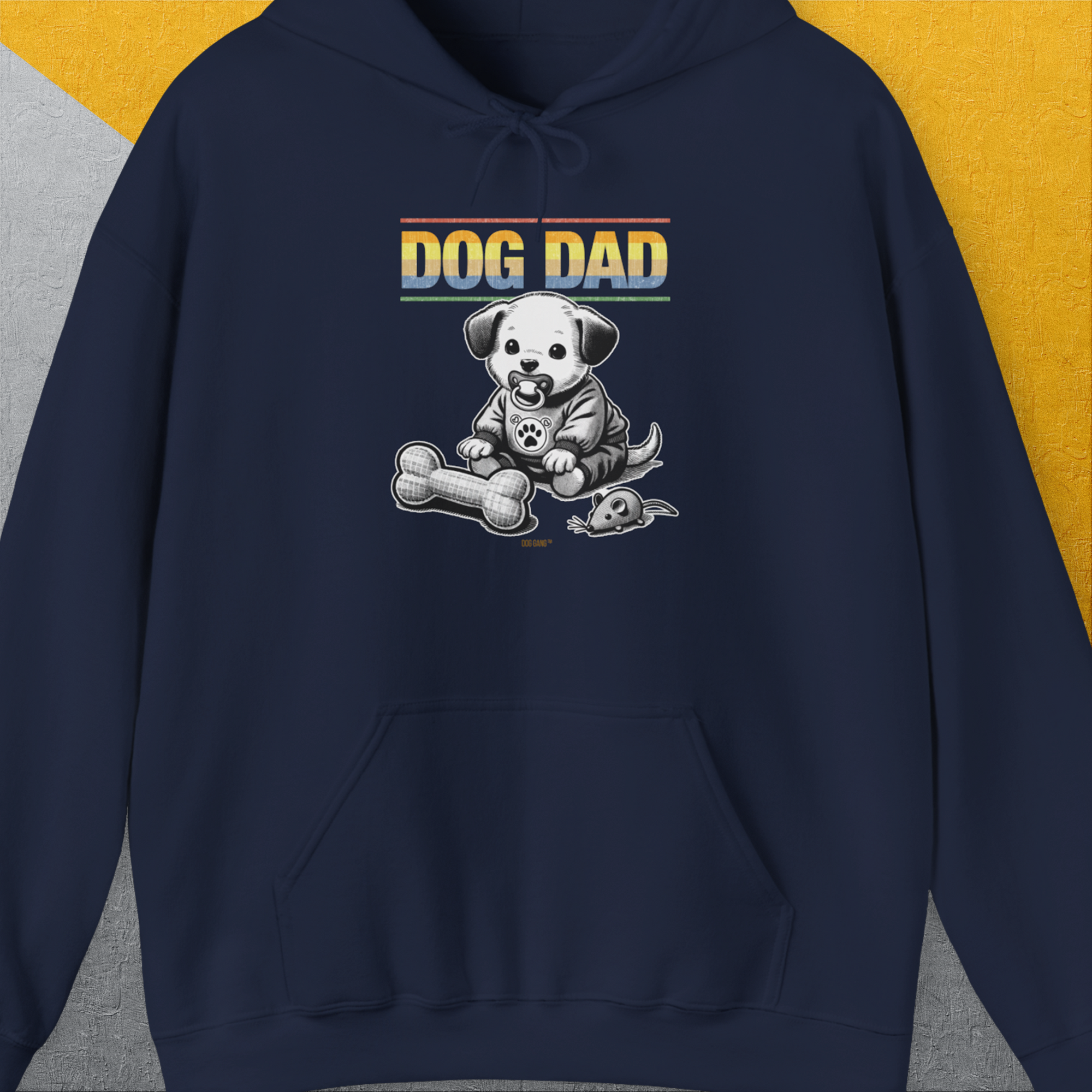 Dog Dad with a cartoon puppy with a fabric bone makes this shirt a perfect dog lover gift. Designed by Dog Gang.