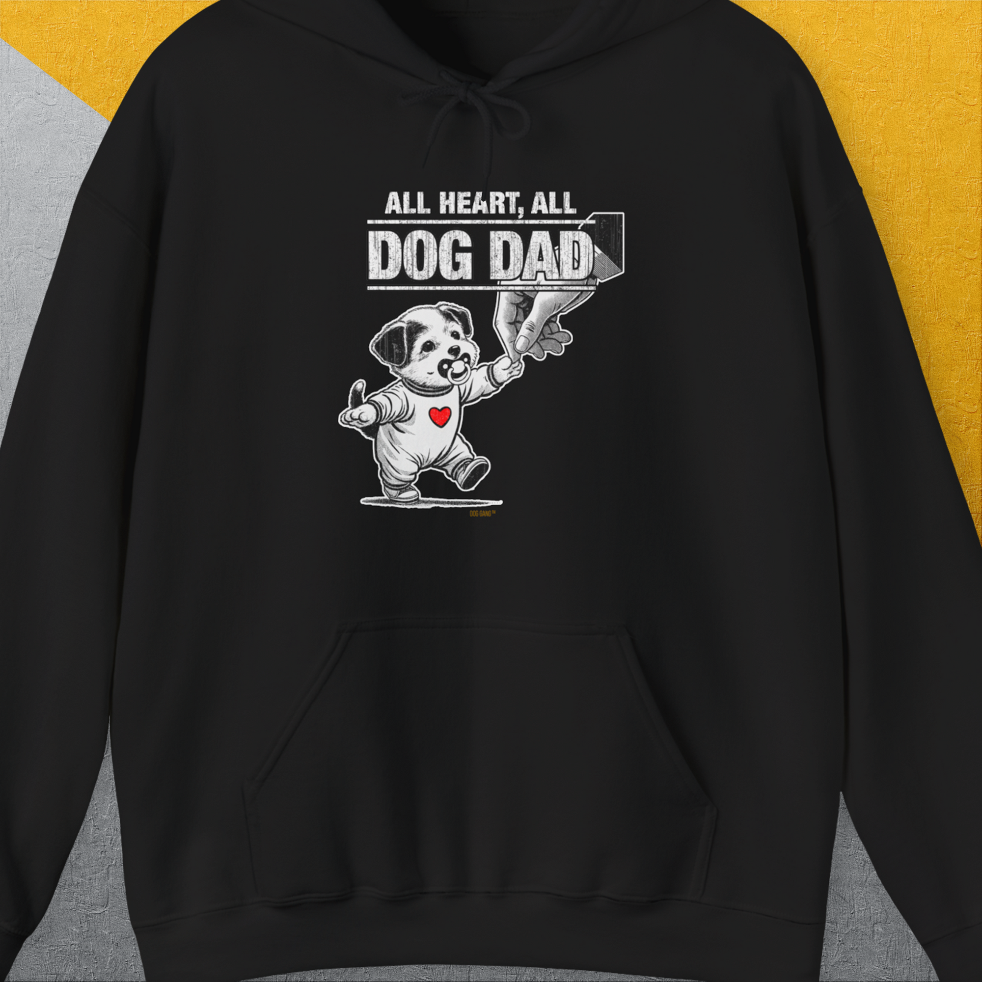 Cartoon dog with a heart and the phrase "All Heart, All Dog Dad". Perfect for any dog owner. Designed by Dog Gang.