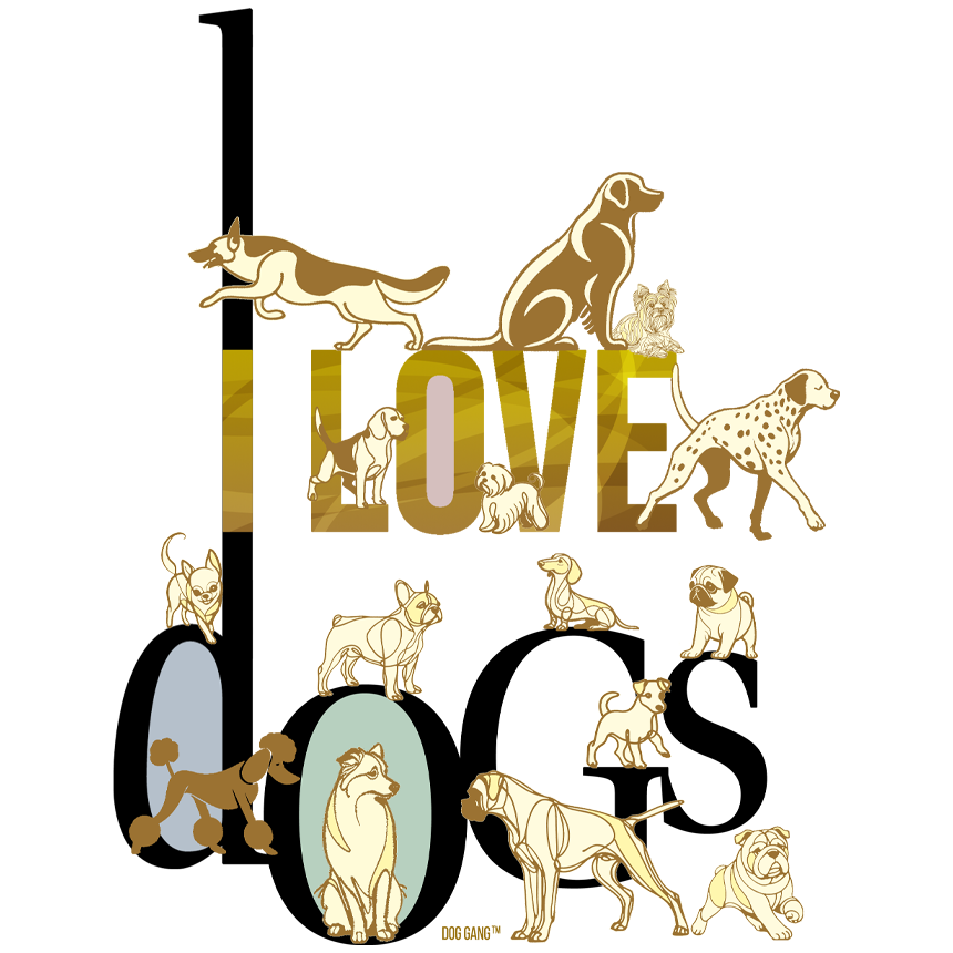 Beautiful & legendary Dogowner T-Shirt Graphic for "I Love Dogs", the slogan is surrounded by dogs of various breeds, designed by Dog Gang (TM)