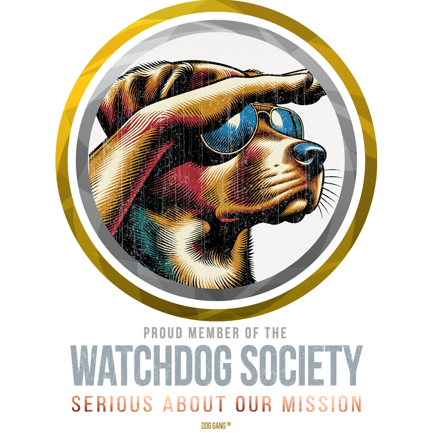 Ccool and iconic Doglover T-Shirt Graphic for "Watchdog Society", with a serious dog looking watchfully into the distance, designed by Dog Gang (TM) from Switzerland