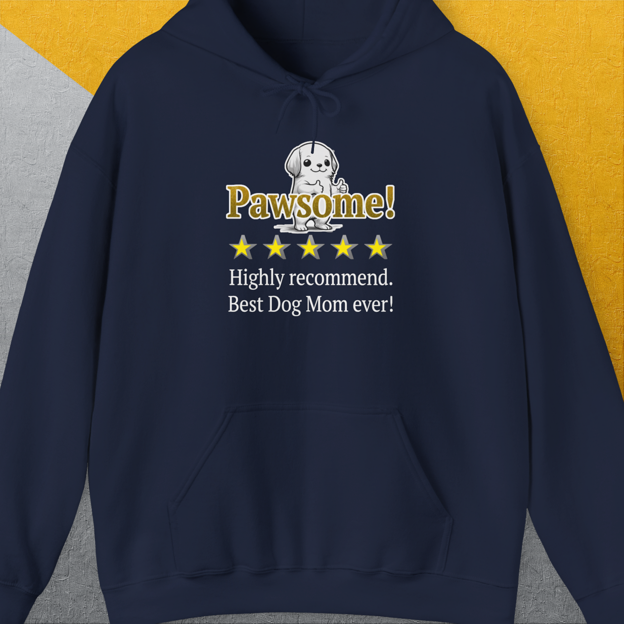 Navy unisex hoodie from Dog Mom Series, Volume 10, featuring Pawsome!, a vintage dog illustration, and five stars. Perfect dog lover gift. Designed by Dog Gang.