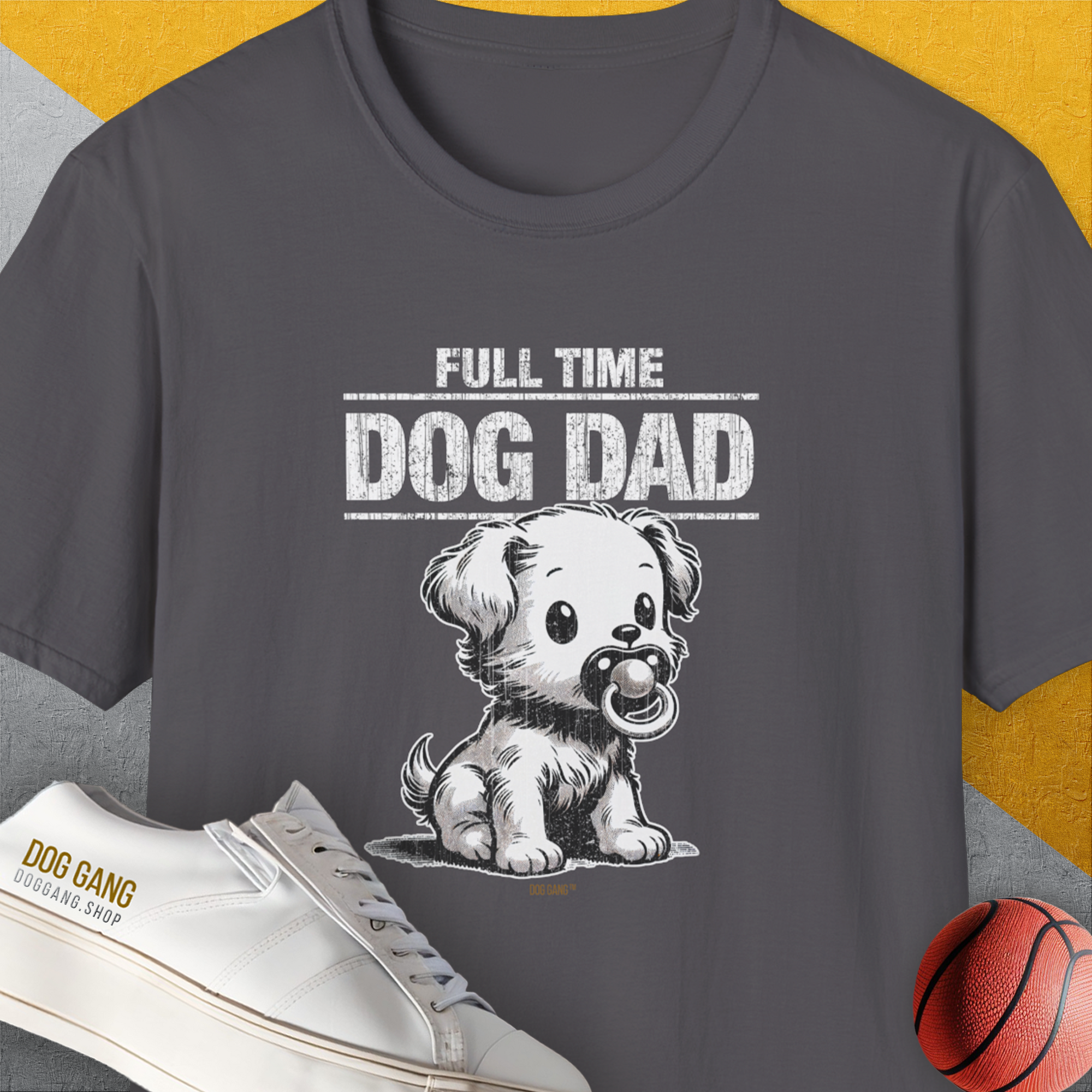 Charcoal 100% cotton unisex T-shirt, Dog Dad Series, Volume 4. Features Full Time Dog Dad with a playful puppy design for the ultimate dog lover gift. Designed by Dog Gang.