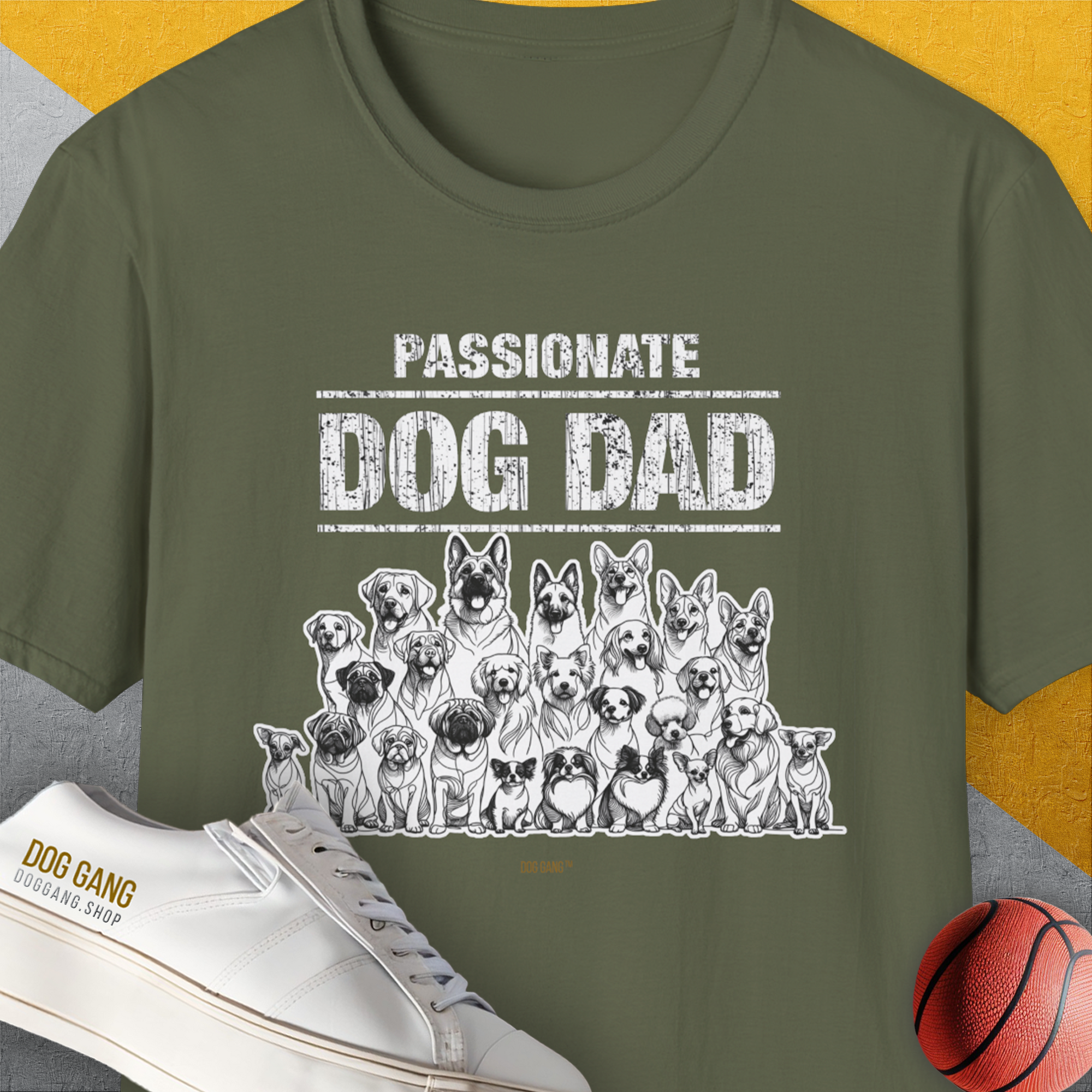 The Military Green Dog Dad Series, Volume 5 shirt showcases playful dog illustrations with a dog-themed quote, ideal for any dog lover. Designed by Dog Gang.