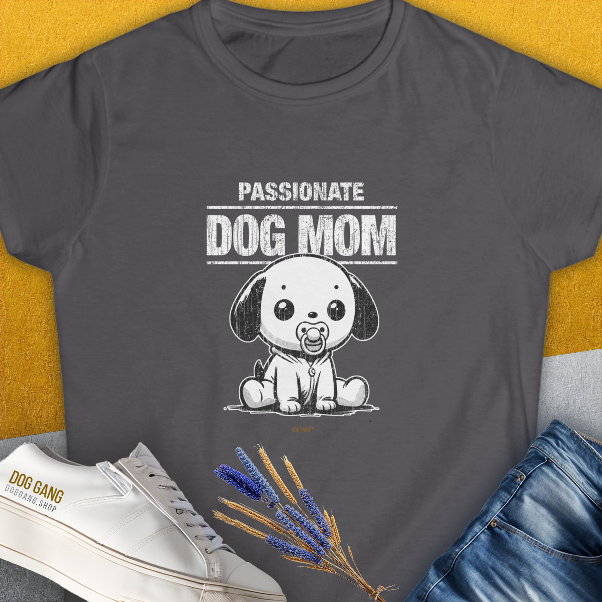 Charcoal tee features a cartoon puppy and the phrase Dog Mom Series, Volume 7 in a funny dog-themed style. Designed by Dog Gang.
