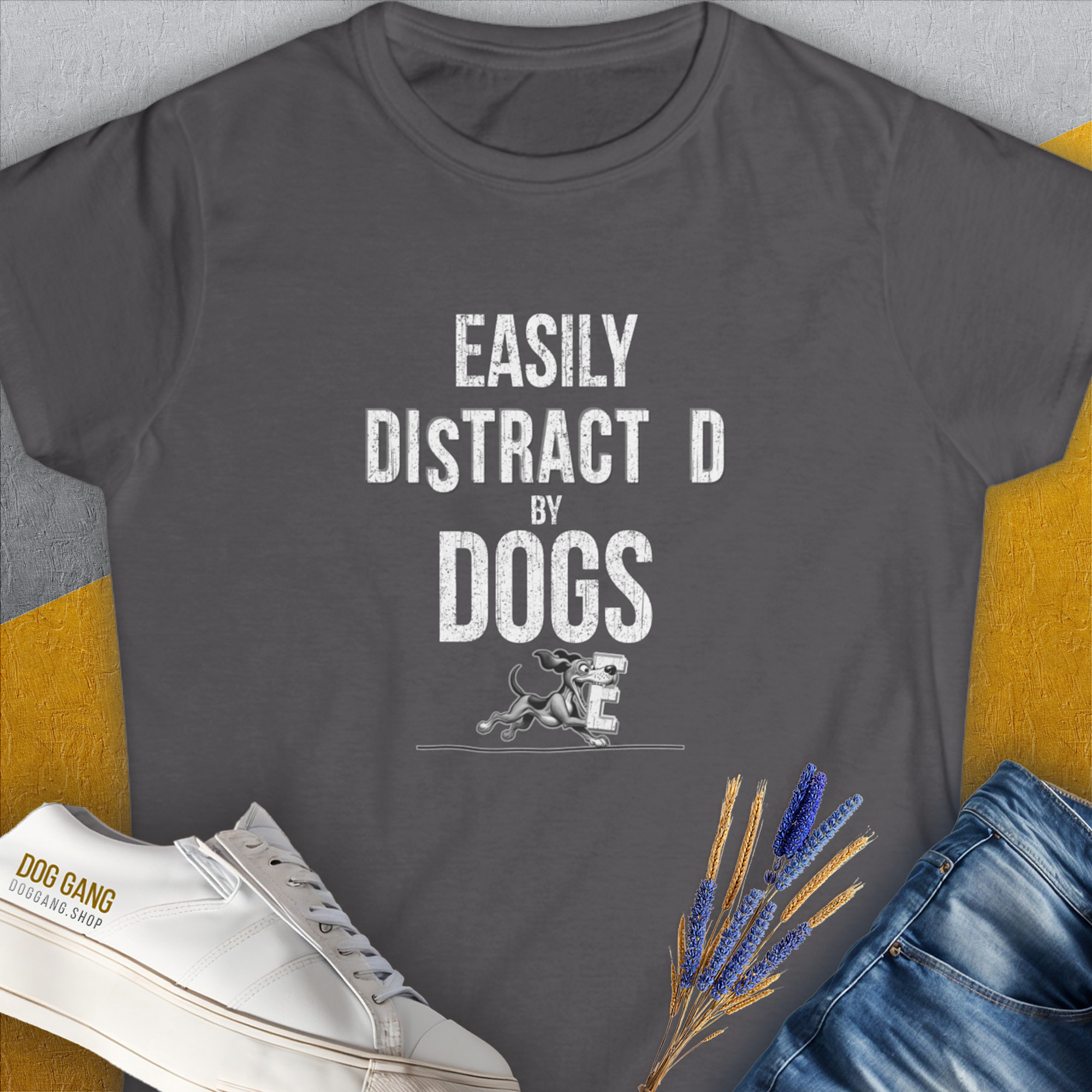 Easily Distracted By Dogs Series, Volume 3, Women's T-Shirt-Charcoal. For dog lovers and dog owners. Design by Dog Gang