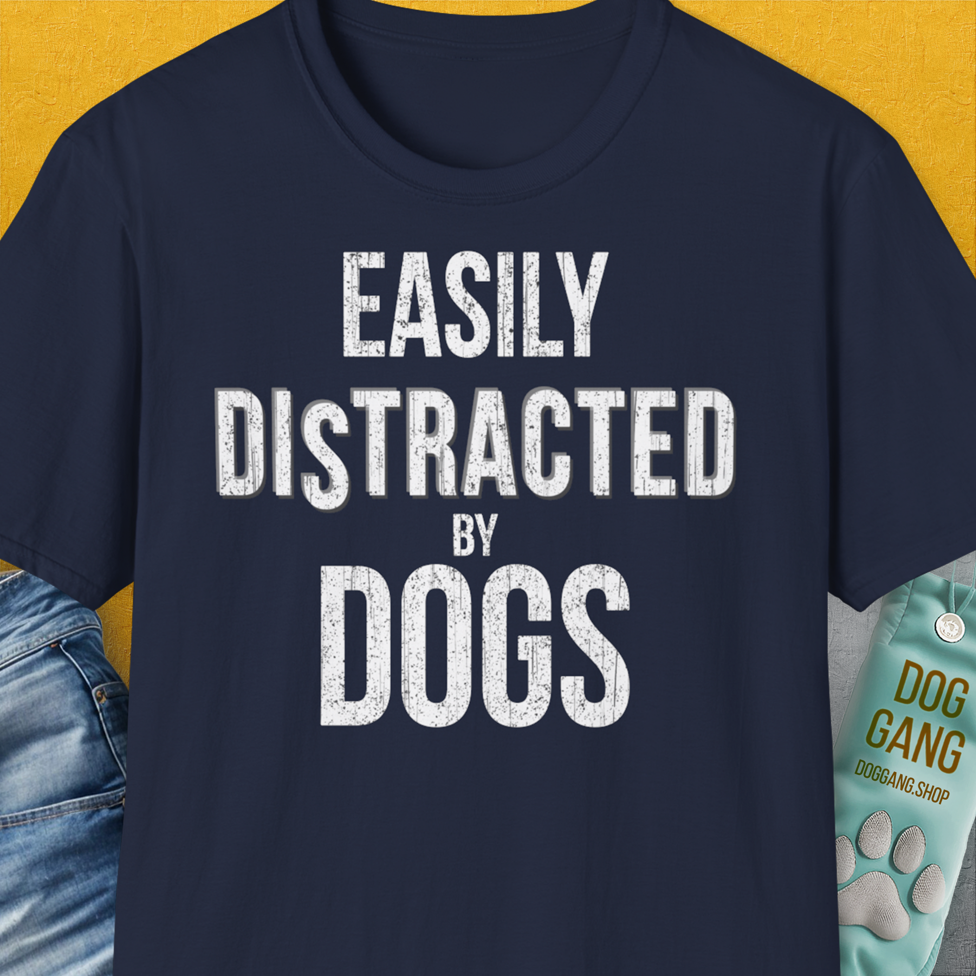 Easily Distracted By Dogs Series, Volume 4, Unisex T-Shirt-Navy. A perfect gift for dog lovers and dog owners. Design by Dog Gang