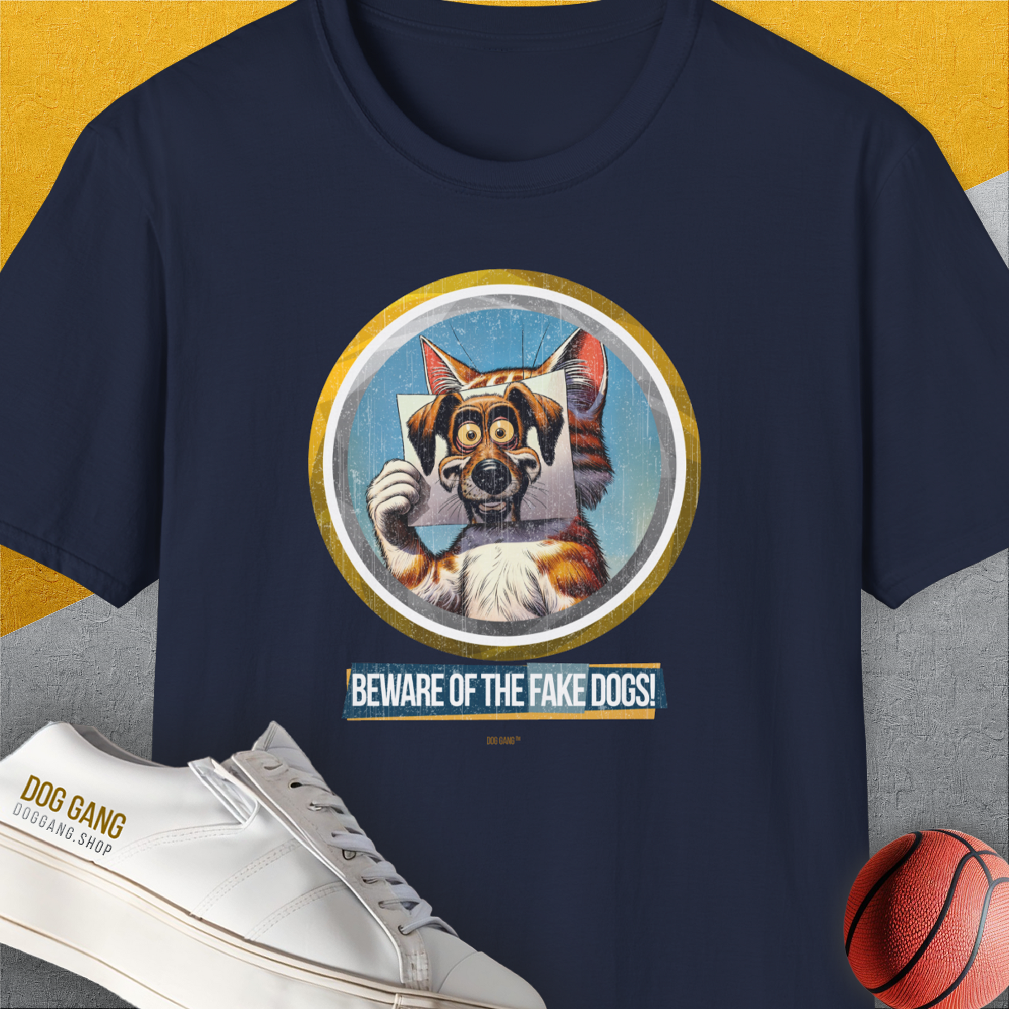 Beware Of The Fake Dogs! Volume 1, Unisex T-Shirt-Navy, Design by Dog Gang