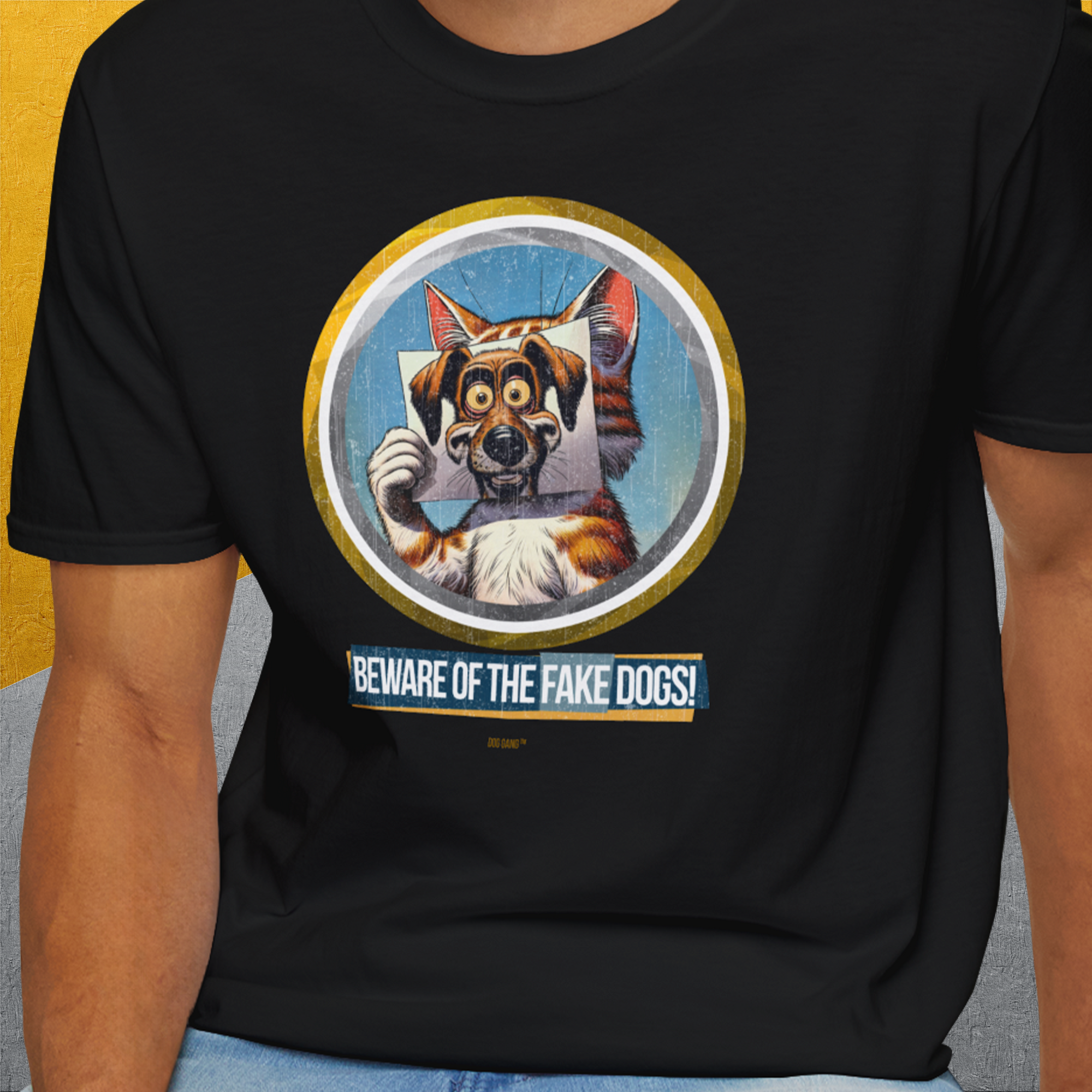 Beware Of The Fake Dogs! Volume 1, Unisex T-Shirt-. For dog lovers and dog owners. Design by Dog Gang