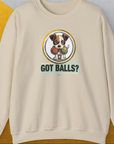 Cartoon dog with two fetch balls in his mouth and playful "Got Balls?" text adds humor to this dog-themed design. Designed by Dog Gang.