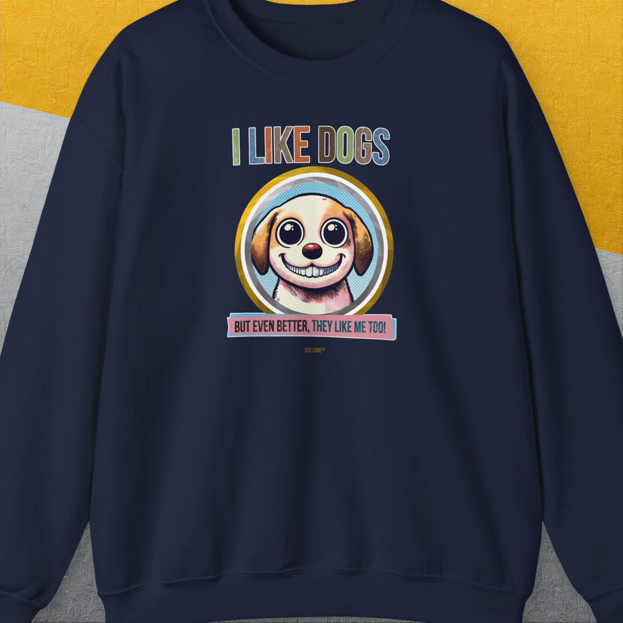 The shirt features a cartoon dog with the phrase I Like Dogs And They Like Me Too, Volume 1. Its a cute dog design for any dog lover. Designed by Dog Gang.