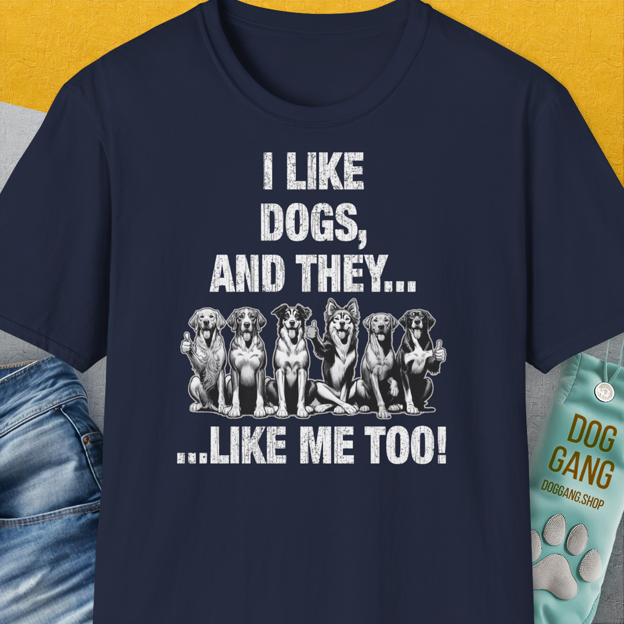 The I Like Dogs And They Like Me Too, Volume 4 unisex T-shirt in navy showcases playful dog images paired with the phrase, ideal for any dog lover. Designed by Dog Gang.