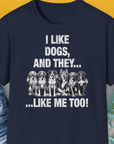 The I Like Dogs And They Like Me Too, Volume 4 unisex T-shirt in navy showcases playful dog images paired with the phrase, ideal for any dog lover. Designed by Dog Gang.