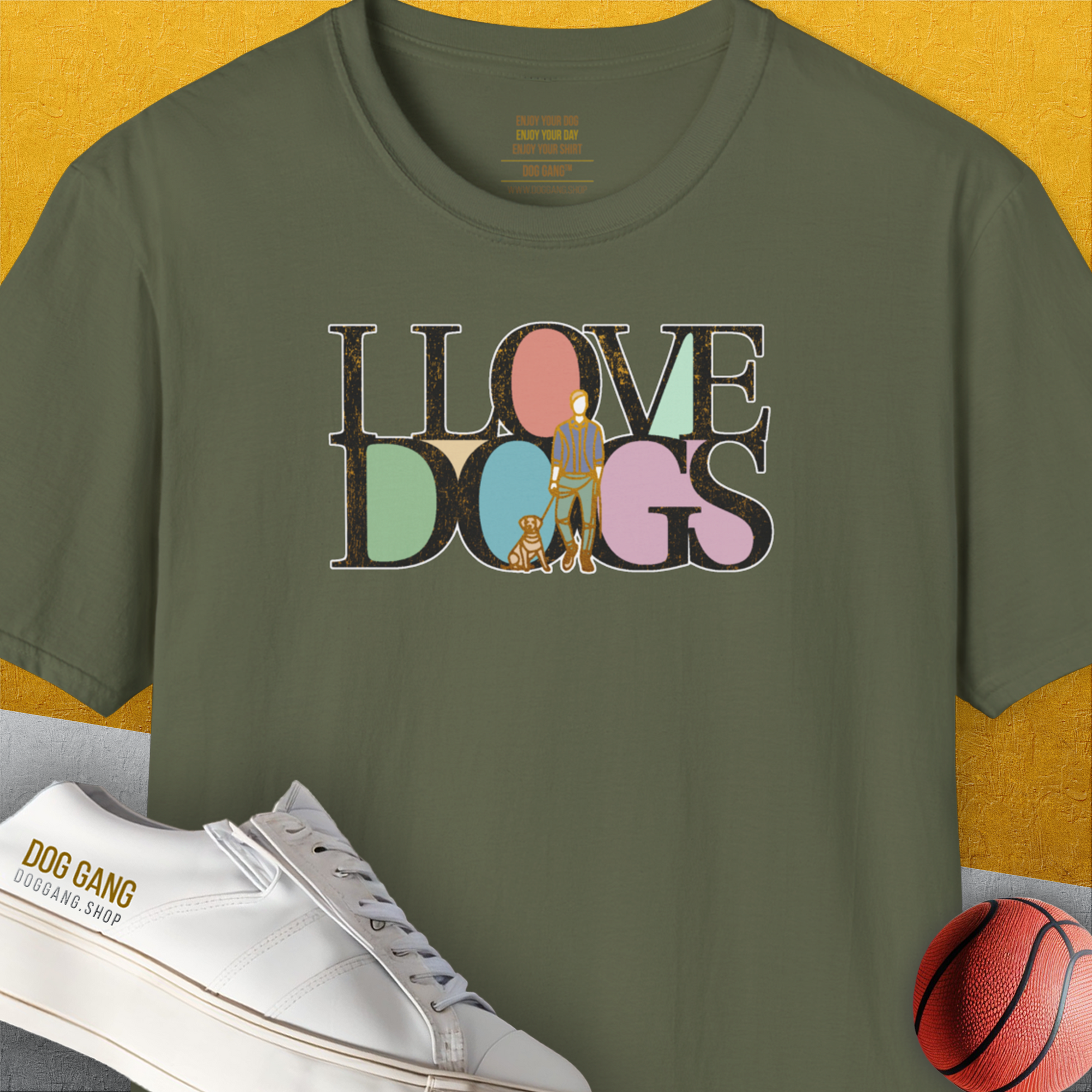 I Love Dogs - Series I, Volume 6, Unisex T-Shirt-Military Green, Design by Dog Gang