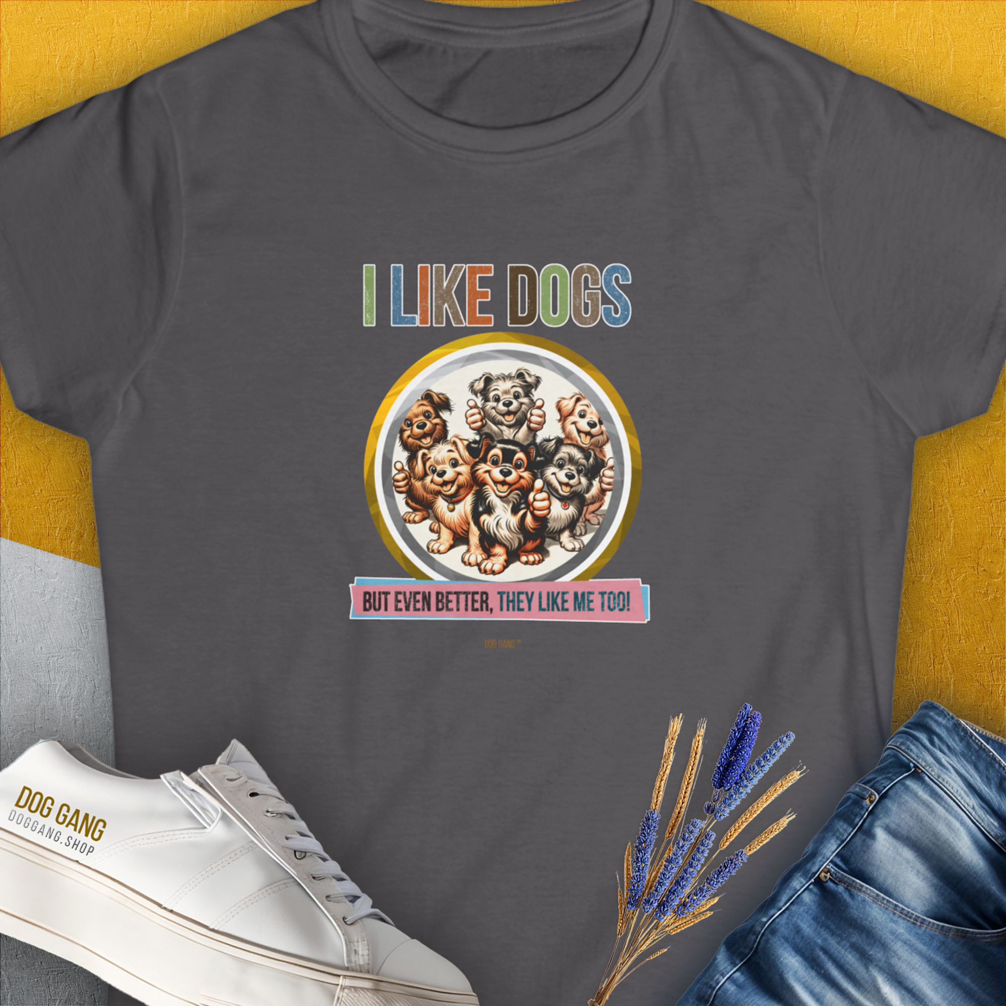 Charcoal womens t-shirt with I Like Dogs And They Like Me Too, Volume 5, showcasing cartoon dogs and playful text. Perfect for a dog person. Designed by Dog Gang.