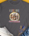 Charcoal womens t-shirt with I Like Dogs And They Like Me Too, Volume 5, showcasing cartoon dogs and playful text. Perfect for a dog person. Designed by Dog Gang.