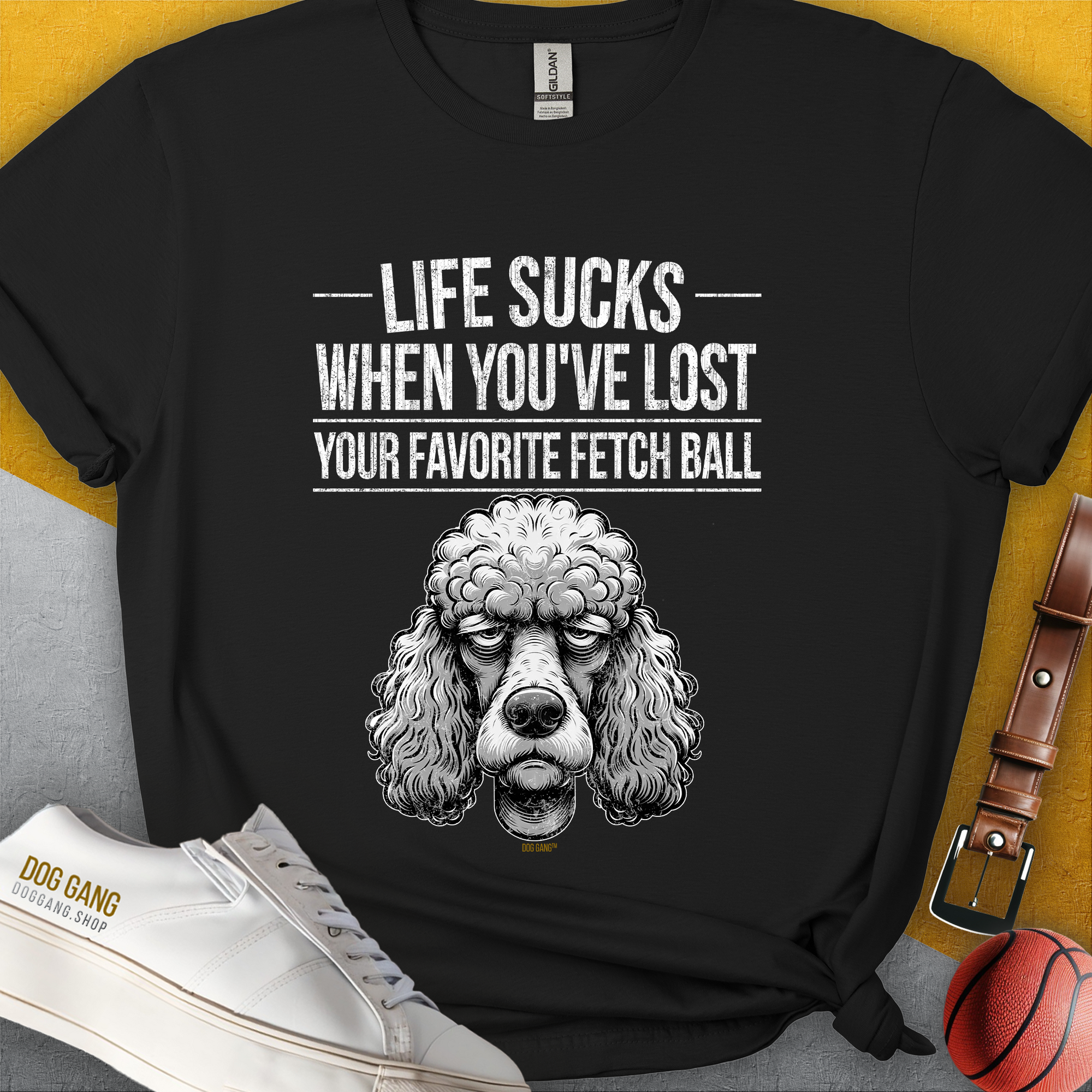 The Life Sucks When Youve Lost Your Favorite Fetch Ball, Volume 7, T-shirt features a funny drawn dissapointed poodle face and playful text. Perfect for any poodle lover gift. Designed by Dog Gang.