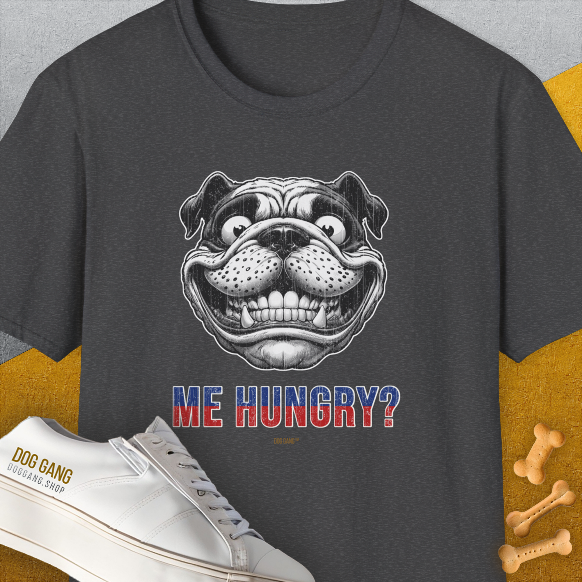 Me Hungry? Volume 5, Unisex T-Shirt-Dark Heather, Design by Dog Gang