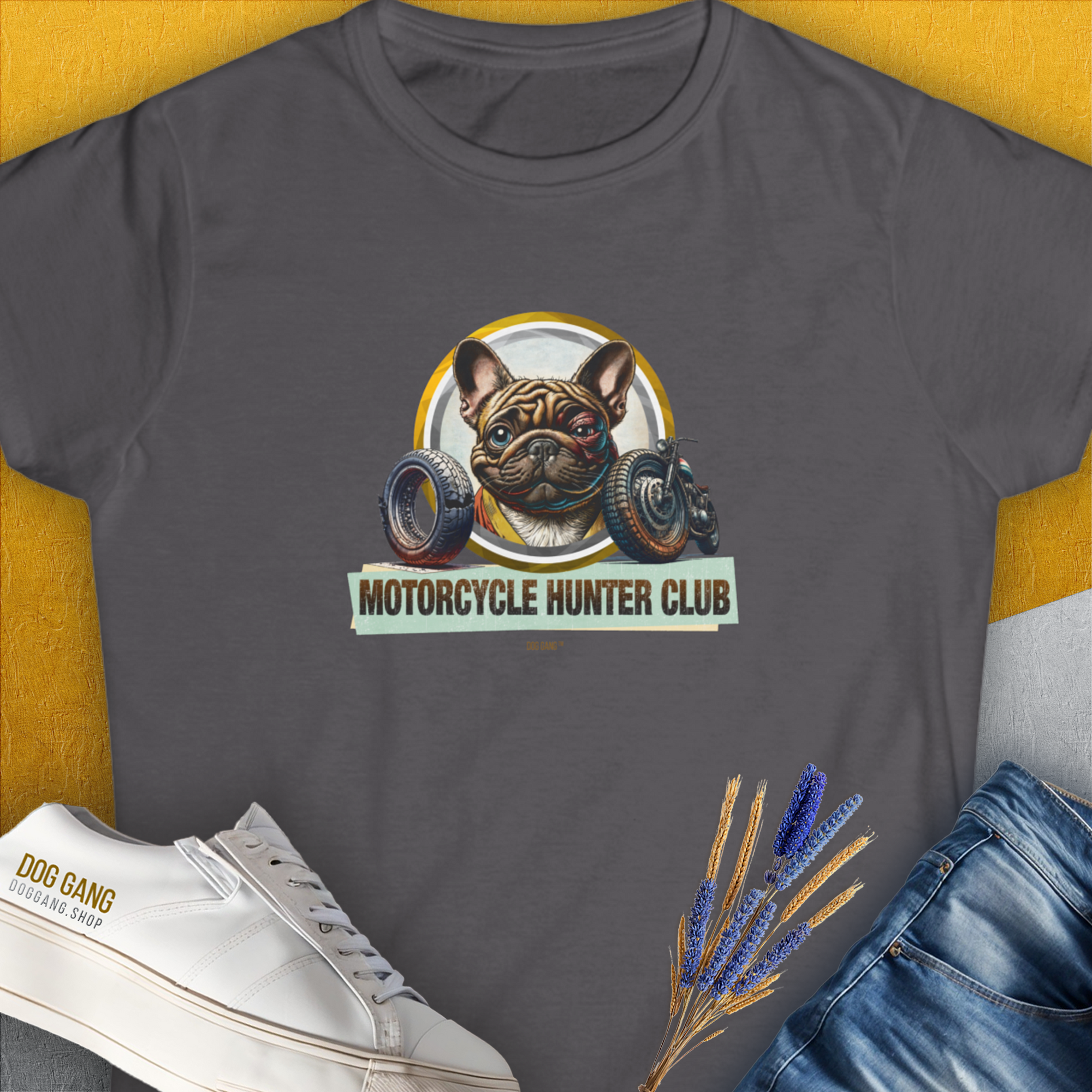 Charcoal tee - a funny graphic of a slightly battered french bulldog with a black eye and the slogan "Motorcycle Hunter Club", Volume 3 from the popular series of the same name. Perfect for any dog lover. Design by Dog Gang.