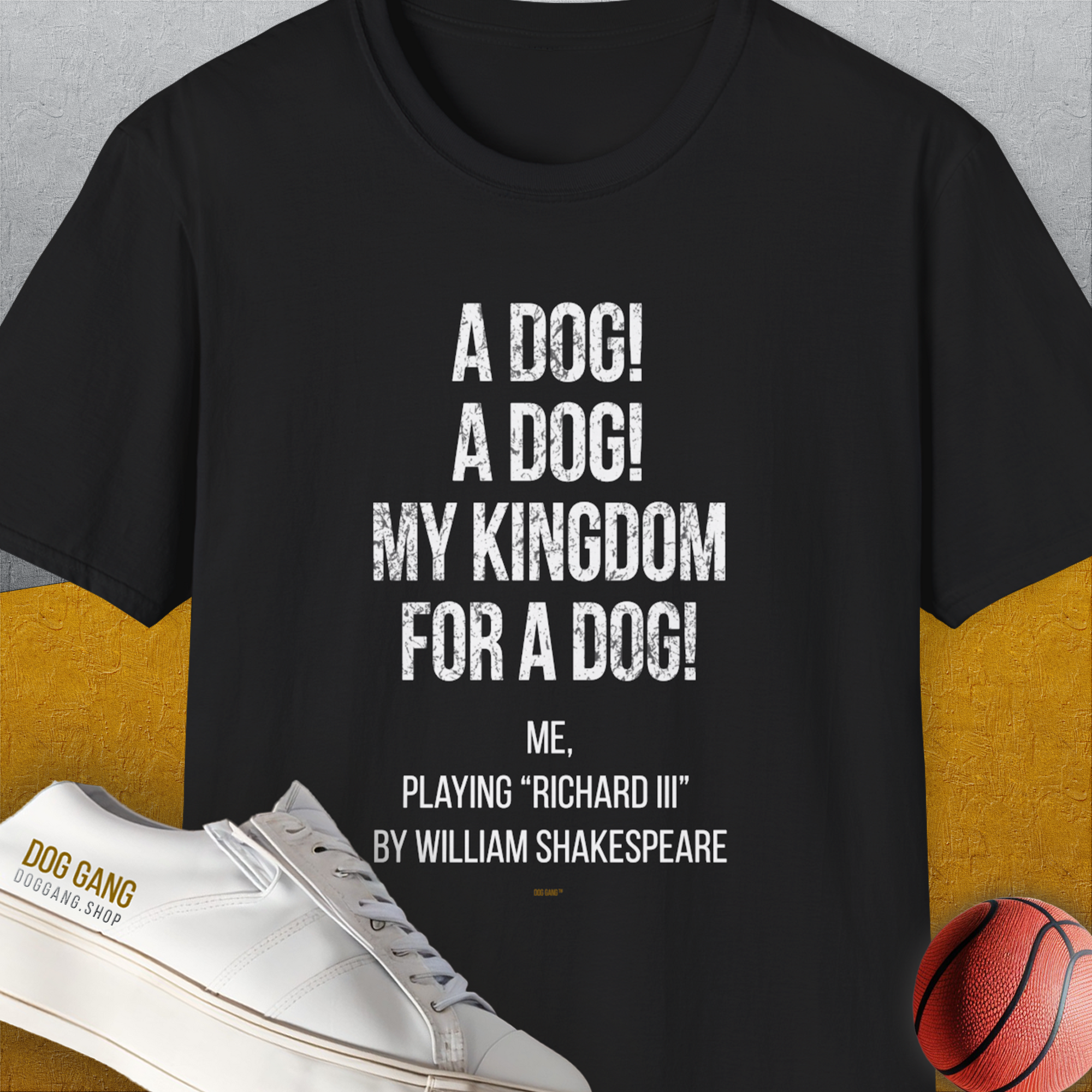 Unisex T-shirt in black with a funny dog shirt theme: My Kingdom For A Dog - Me Playing Richard III by Shakespeare. Crafted from durable soft-style fabric. Designed by Dog Gang.