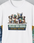 Police Dog Squad For Small Matters, Volume 1, Unisex T-Shirt-White. A perfect gift for dog lovers and dog owners. Design by Dog Gang