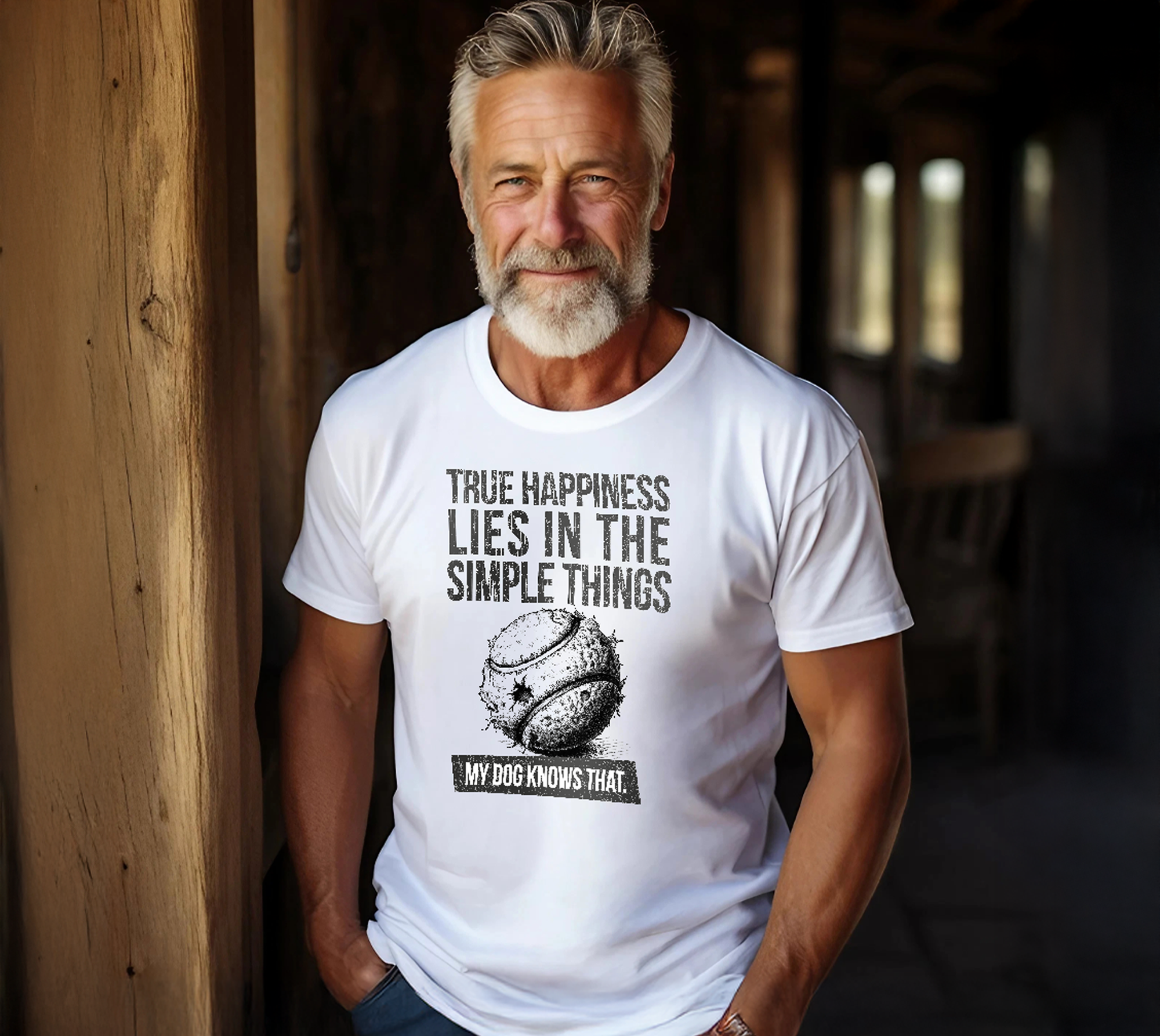 A man with grey hair and a beard is standing in the house wearing a white unisex T-shirt from the design label DOG GANG with the text: True happiness lies in the simple things. My dog knows that.