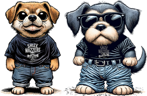 Two cartoon dogs wearing black T-shirts with Shize Mazzers text and jeans. The dog on the left has no accessories, while the dog on the right wears sunglasses. Both dogs are standing upright.
