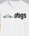 The Dog Gang Minimalistic Series II, Volume 2 Unisex T-Shirt showcases a funny cartoon dog in a green car with dogs in bold black letters. Designed by Dog Gang.