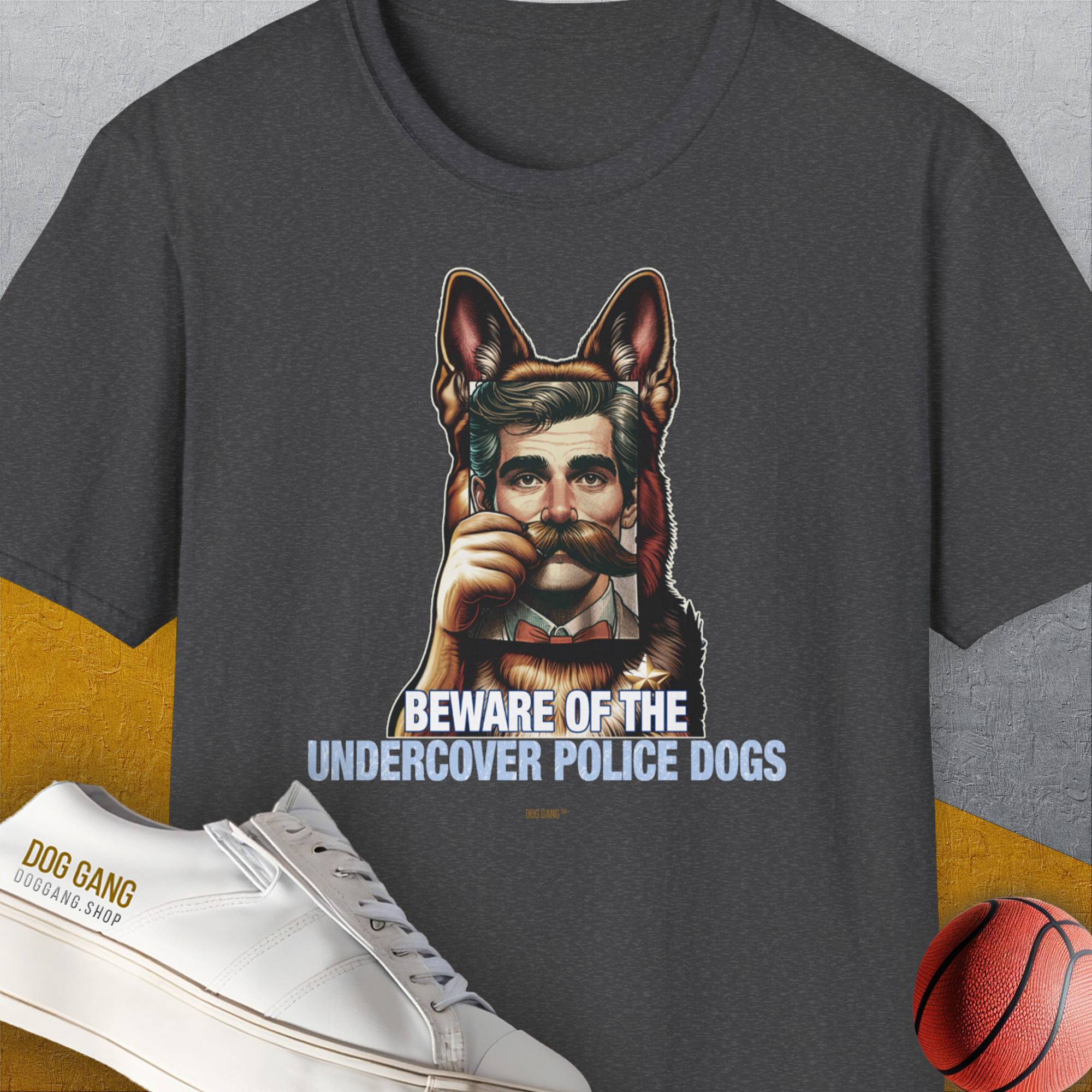Beware Of The Undercover Police Dogs, Volume 2, Unisex T-Shirt-Dark Heather, Design by Dog Gang