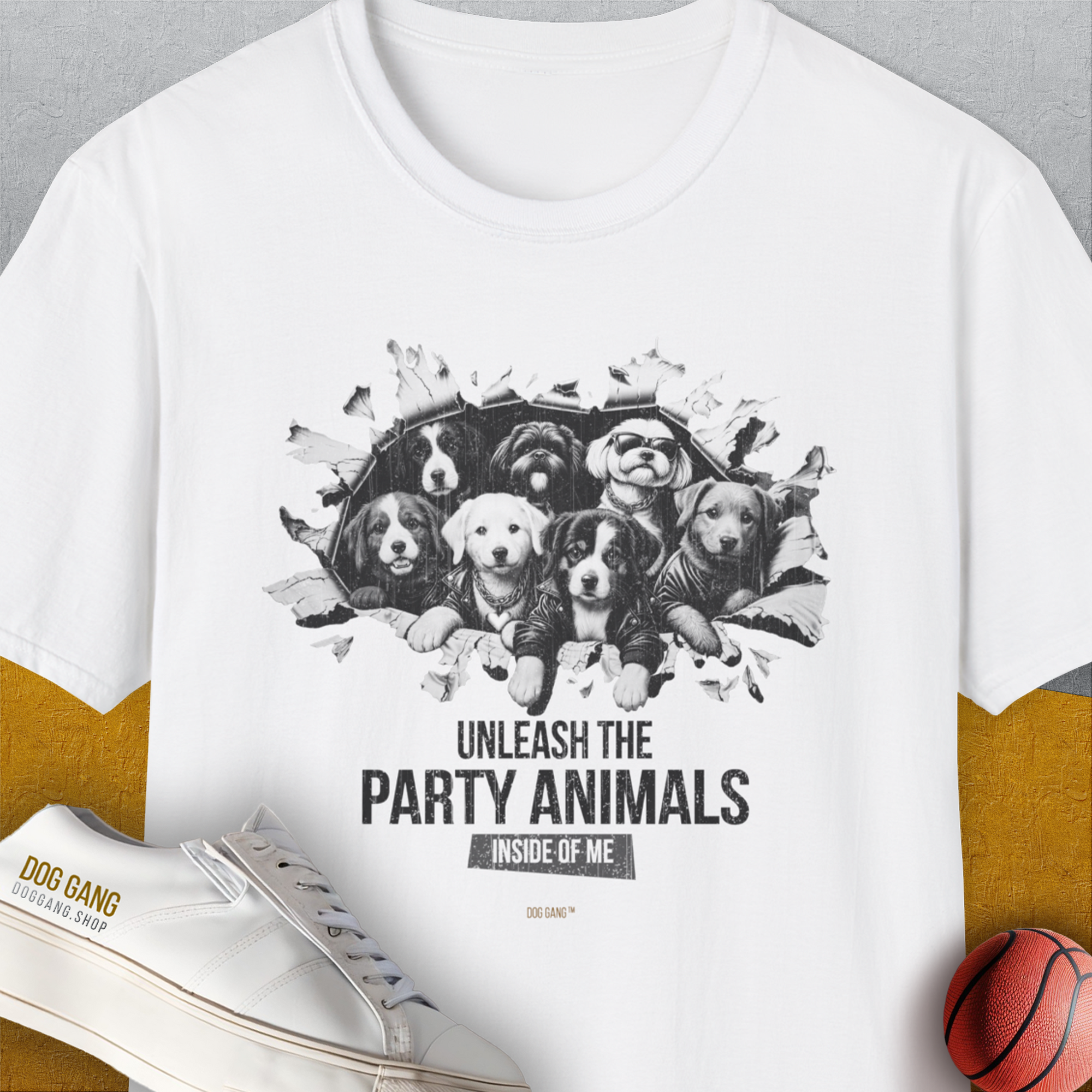 Unleash-Series (Party Animals), Volume 1, Unisex T-Shirt-White. A perfect gift for dog lovers and dog owners. Design by Dog Gang