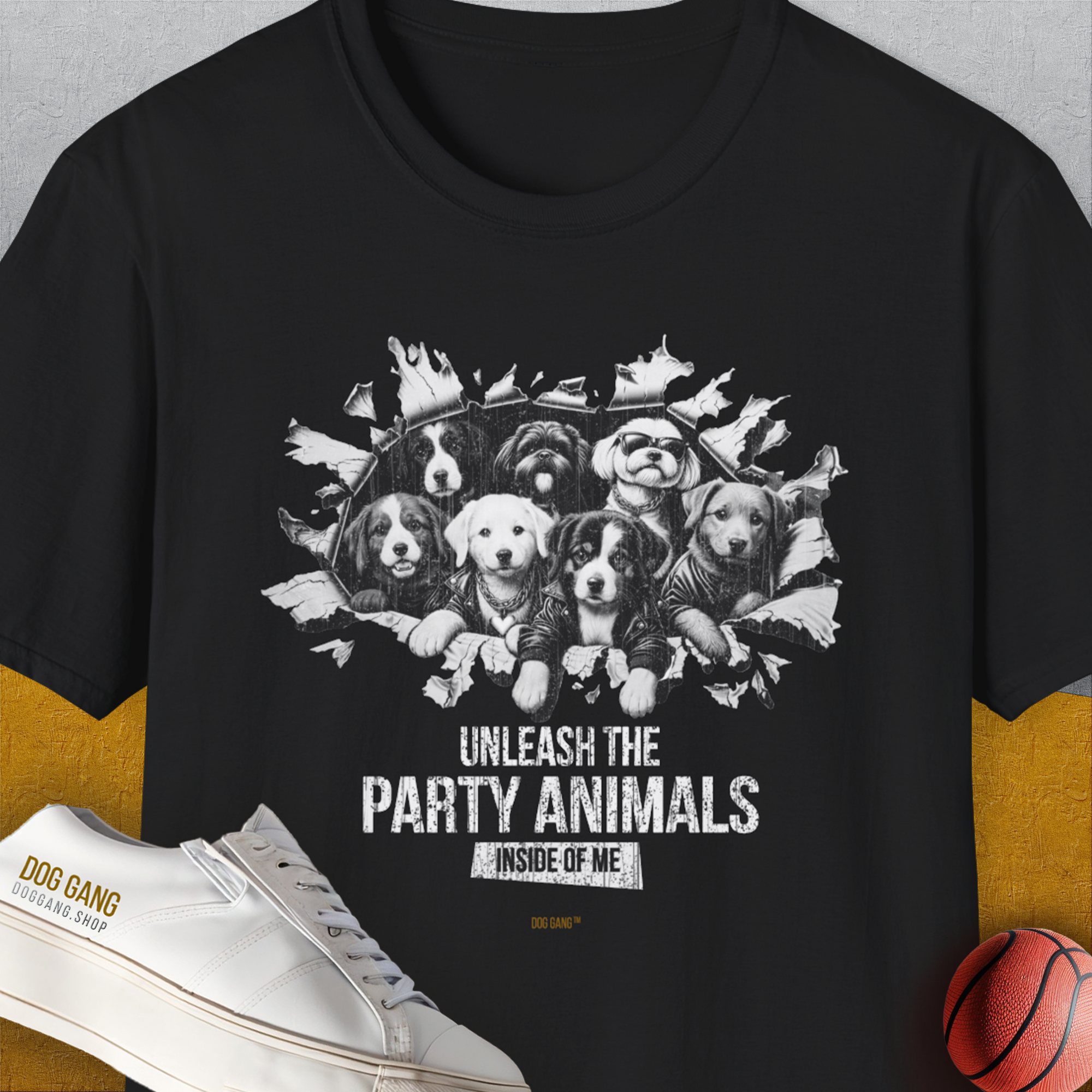 This black tee features a cute Unleash the Party Animals design with puppies, perfect for any dog lover. Designed by Dog Gang.