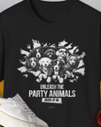 This black tee features a cute Unleash the Party Animals design with puppies, perfect for any dog lover. Designed by Dog Gang.