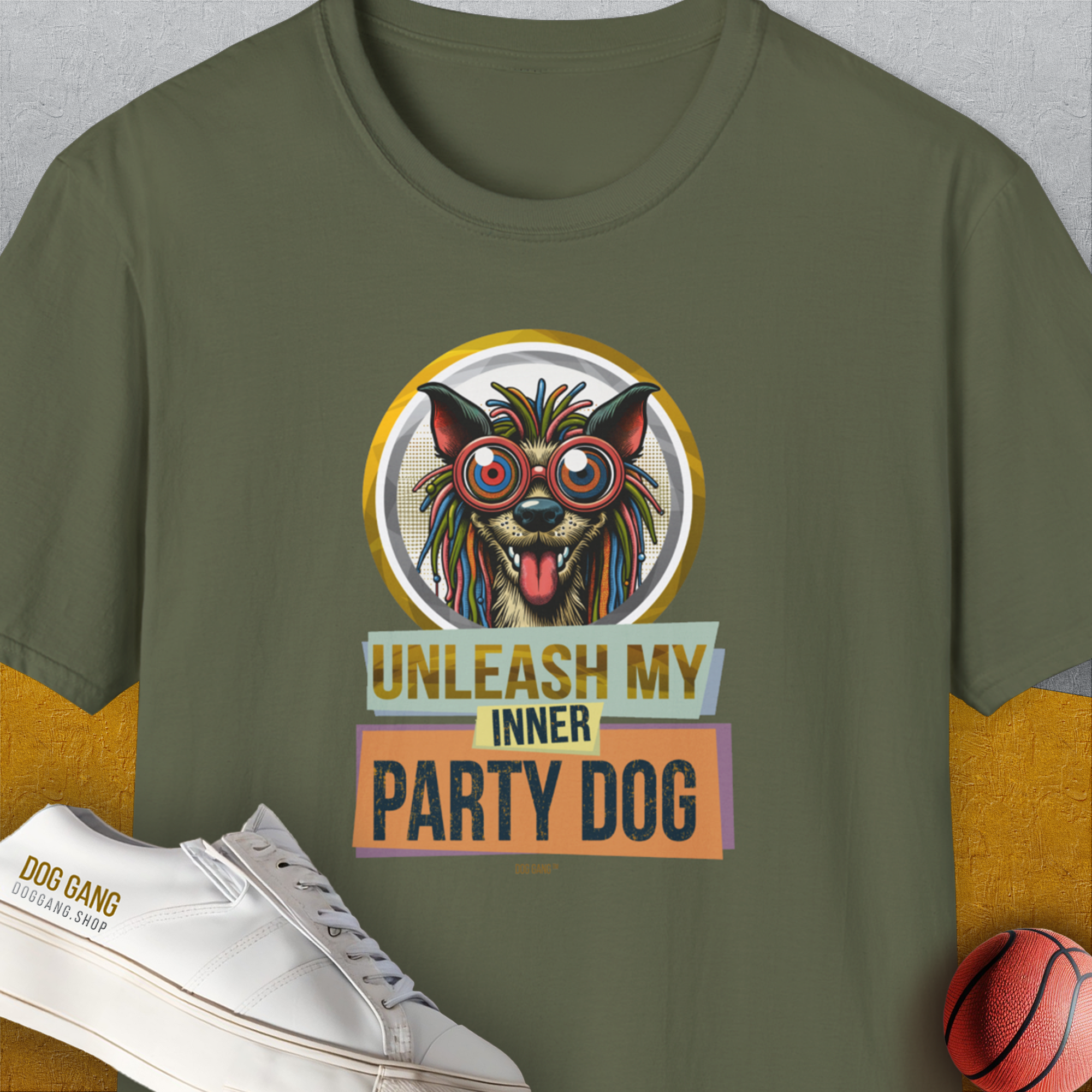 Unleash-Series (My Inner Party Dog), Volume 3, Unisex T-Shirt-Military Green, Design by Dog Gang
