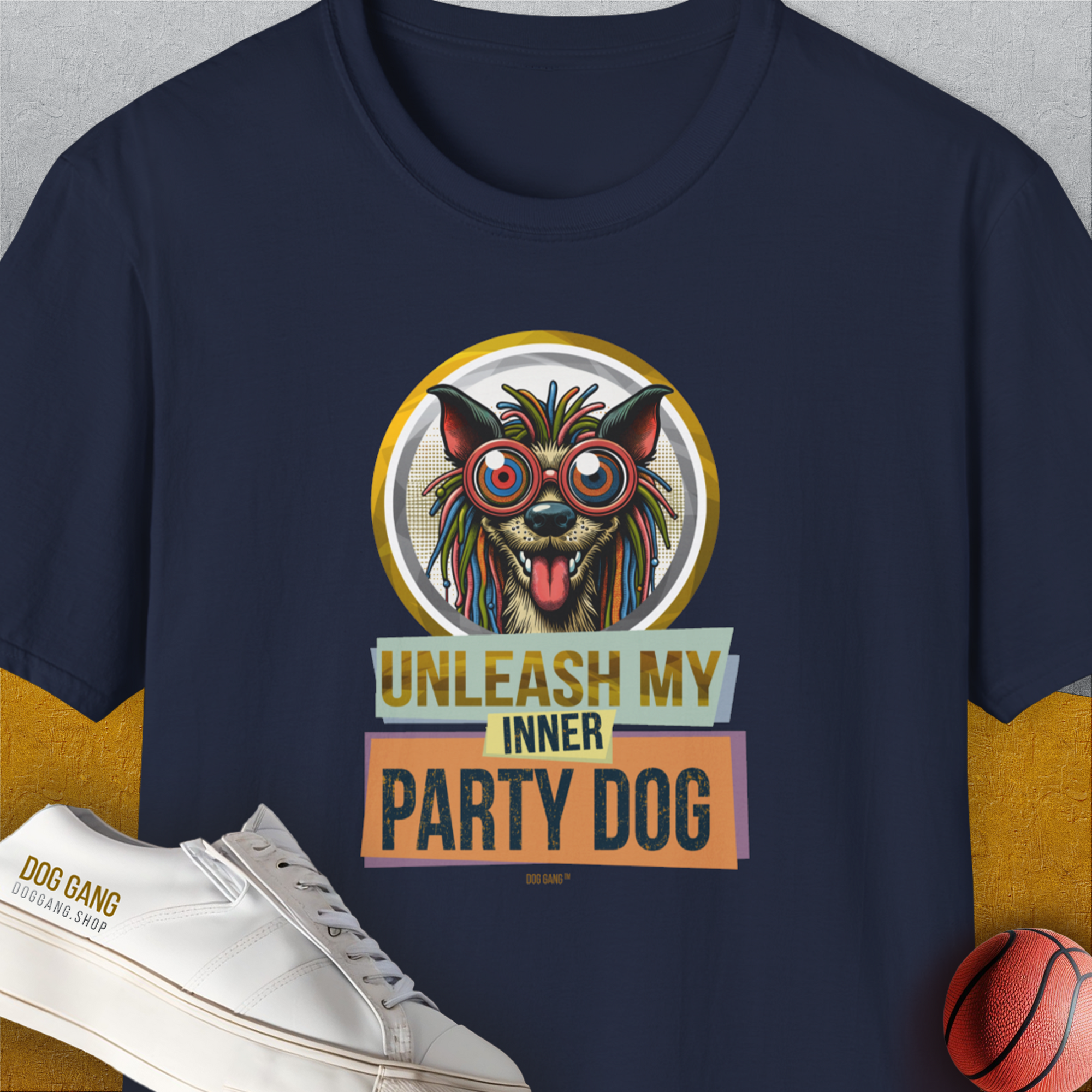 Navy unisex t-shirt features a vibrant dog graphic with My Inner Party Dog quote, perfect for any dog lover or party enthusiast. 100% cotton for comfy wear. Designed by Dog Gang.