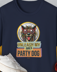 Navy unisex t-shirt features a vibrant dog graphic with My Inner Party Dog quote, perfect for any dog lover or party enthusiast. 100% cotton for comfy wear. Designed by Dog Gang.