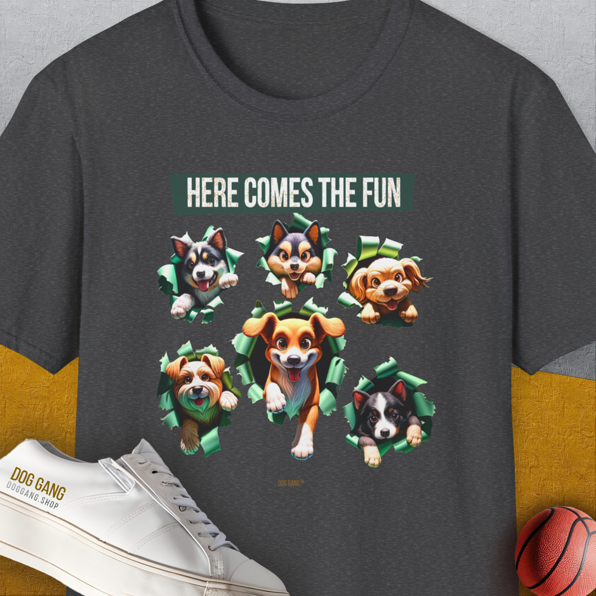 Unleash-Series (Here Comes The Fun), Volume 4, Unisex T-Shirt-Dark Heather, Design by Dog Gang