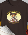 This dark chocolate tee features a playful dog in a Doctor's coat with the quote, Walking The Dog Every Day Keeps The Doctor Away, Volume 2. A perfect funny dog shirt for any dog lover. Designed by Dog Gang.