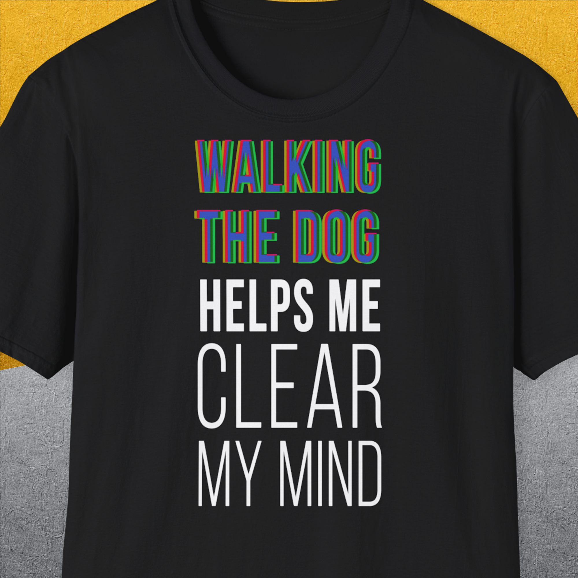 The Walking The Dog Series One, Volume 3 T-shirt showcases the phrase Walking the dog helps me clear my mind in vibrant hues. Ideal for any dog lover gift. Designed by Dog Gang.