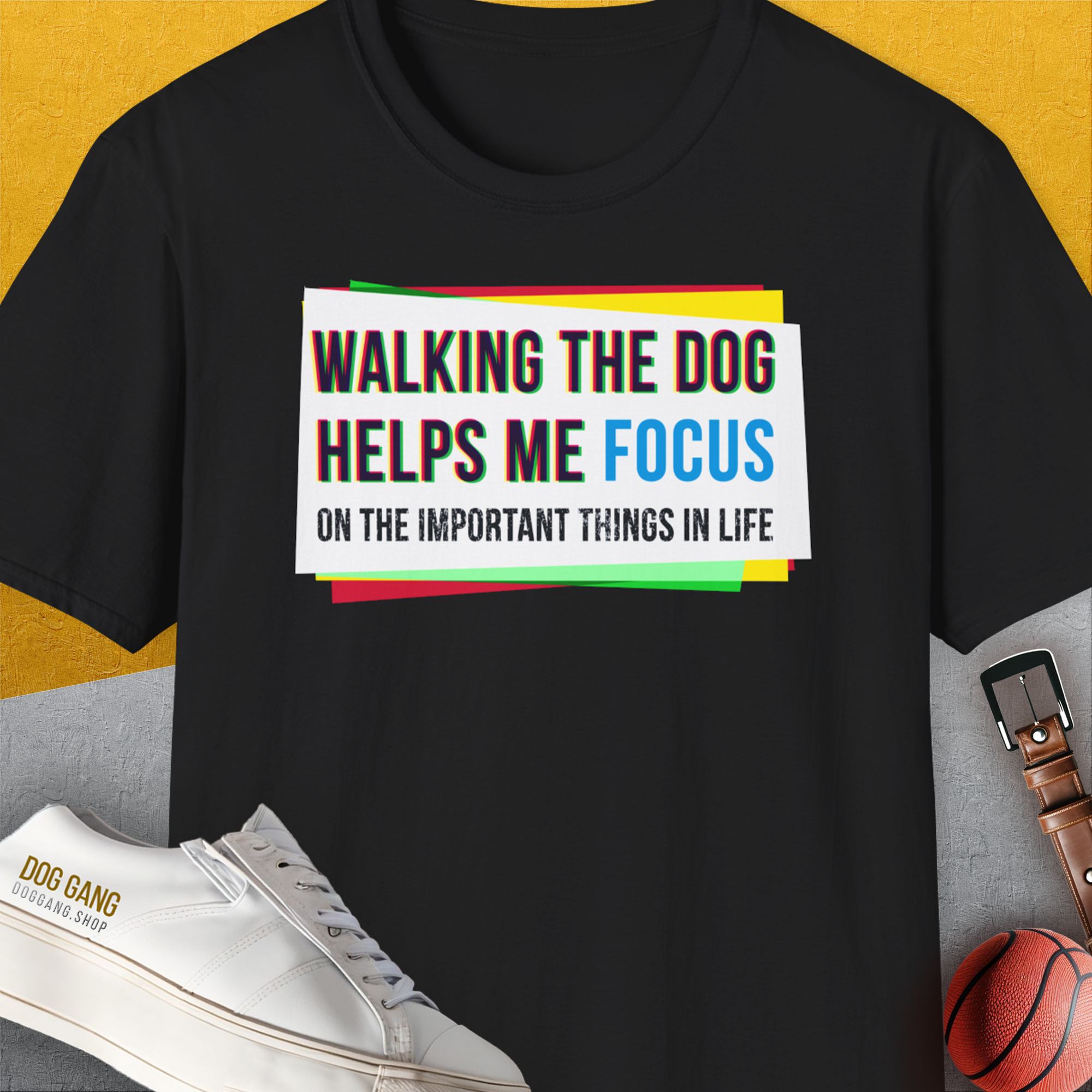 Walking The Dog Series One, Volume 1, Unisex T-Shirt-Black. A perfect gift for dog lovers and dog owners. Design by Dog Gang