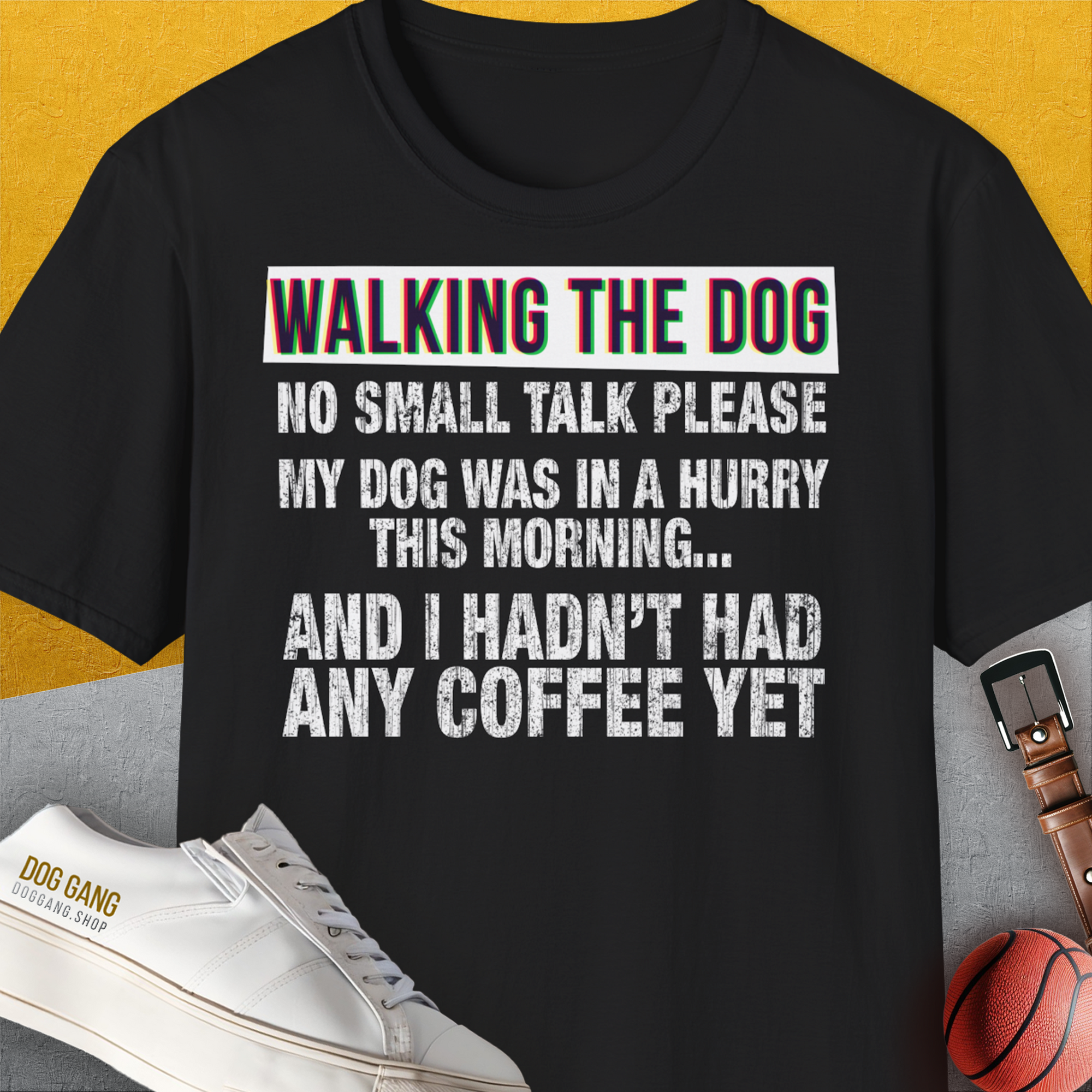 Walking The Dog Series One, Volume 2, Unisex T-Shirt-Black. A perfect gift for dog lovers and dog owners. Design by Dog Gang