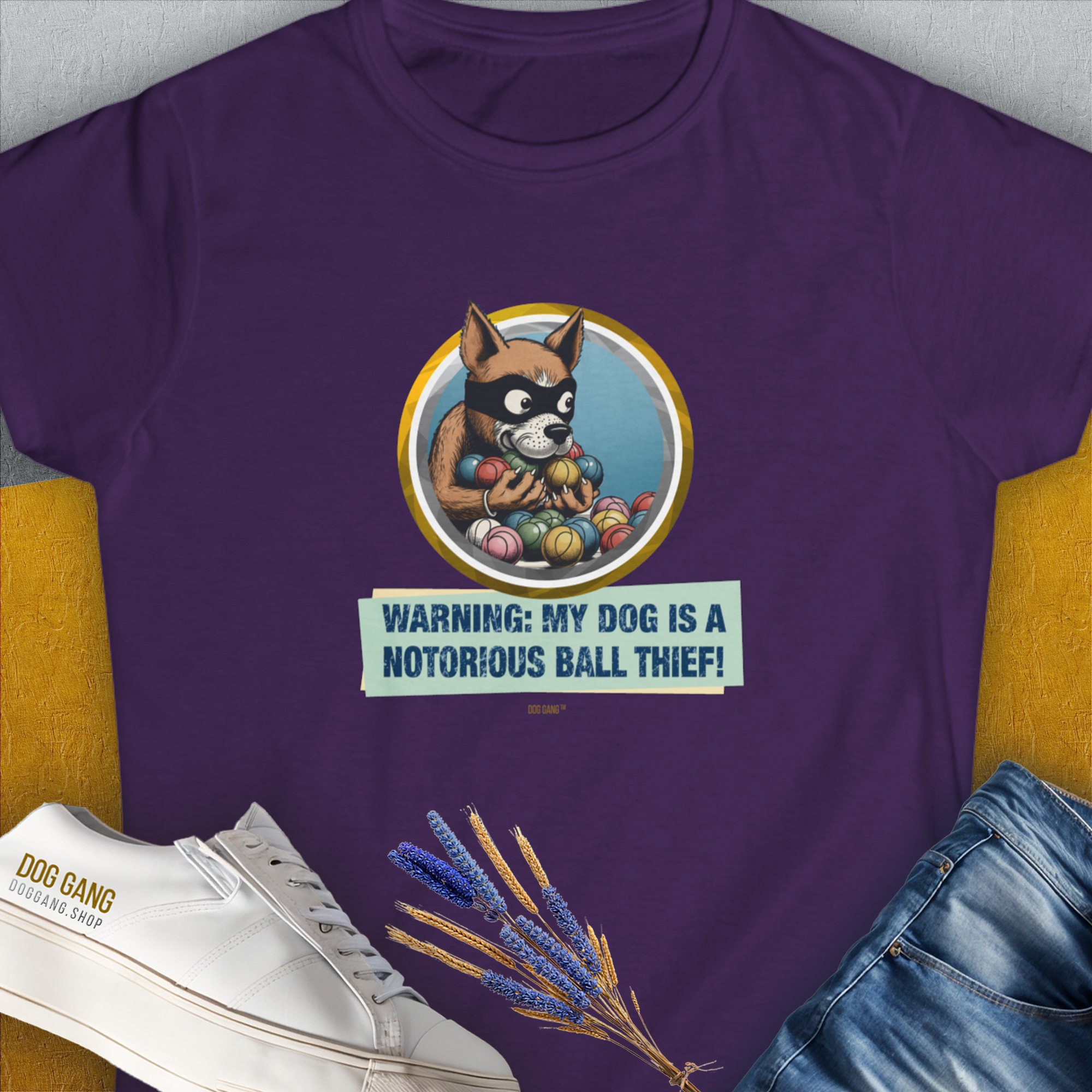 Warning: My Dog Is A Notorious Ball Thief, Volume 1, Women's T-Shirt-Purple. A perfect gift for dog lovers and dog owners. Design by Dog Gang