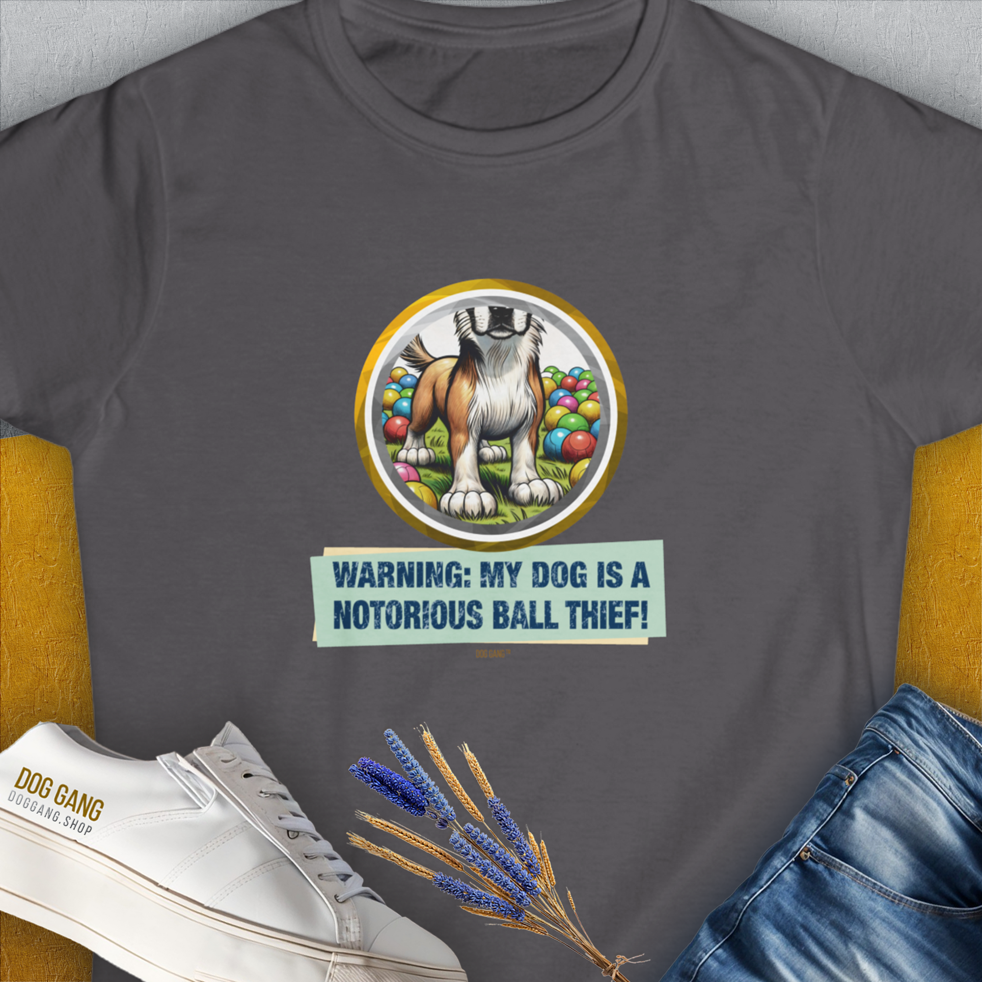 The Warning: My Dog Is A Notorious Ball Thief, Volume 2 womens semi-fitted gray t-shirt showcases a charming dog illustration encircled by an array of colorful balls, accompanied by playful text. Shirtdesign by Dog Gang.