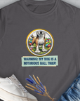 The Warning: My Dog Is A Notorious Ball Thief, Volume 2 womens semi-fitted gray t-shirt showcases a charming dog illustration encircled by an array of colorful balls, accompanied by playful text. Shirtdesign by Dog Gang.