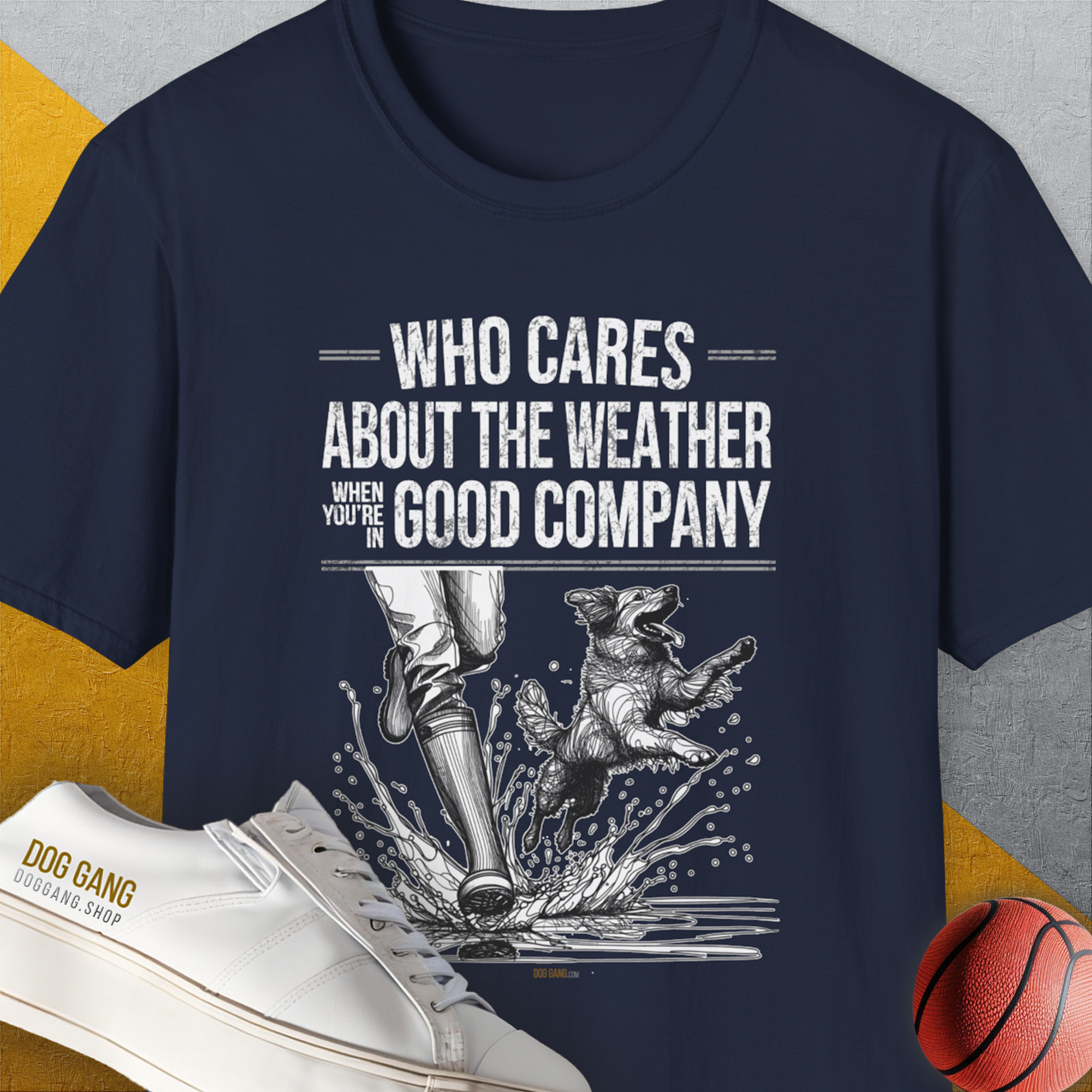 A navy tee titled Who Cares About The Weather When Youre In Good Company, Volume 1, with a dog-themed design. Perfect for any dog lover. Designed by Dog Gang.