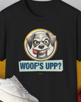 Woof's Upp? Volume 1, Unisex T-Shirt-Black. A perfect gift for dog lovers and dog owners. Design by Dog Gang