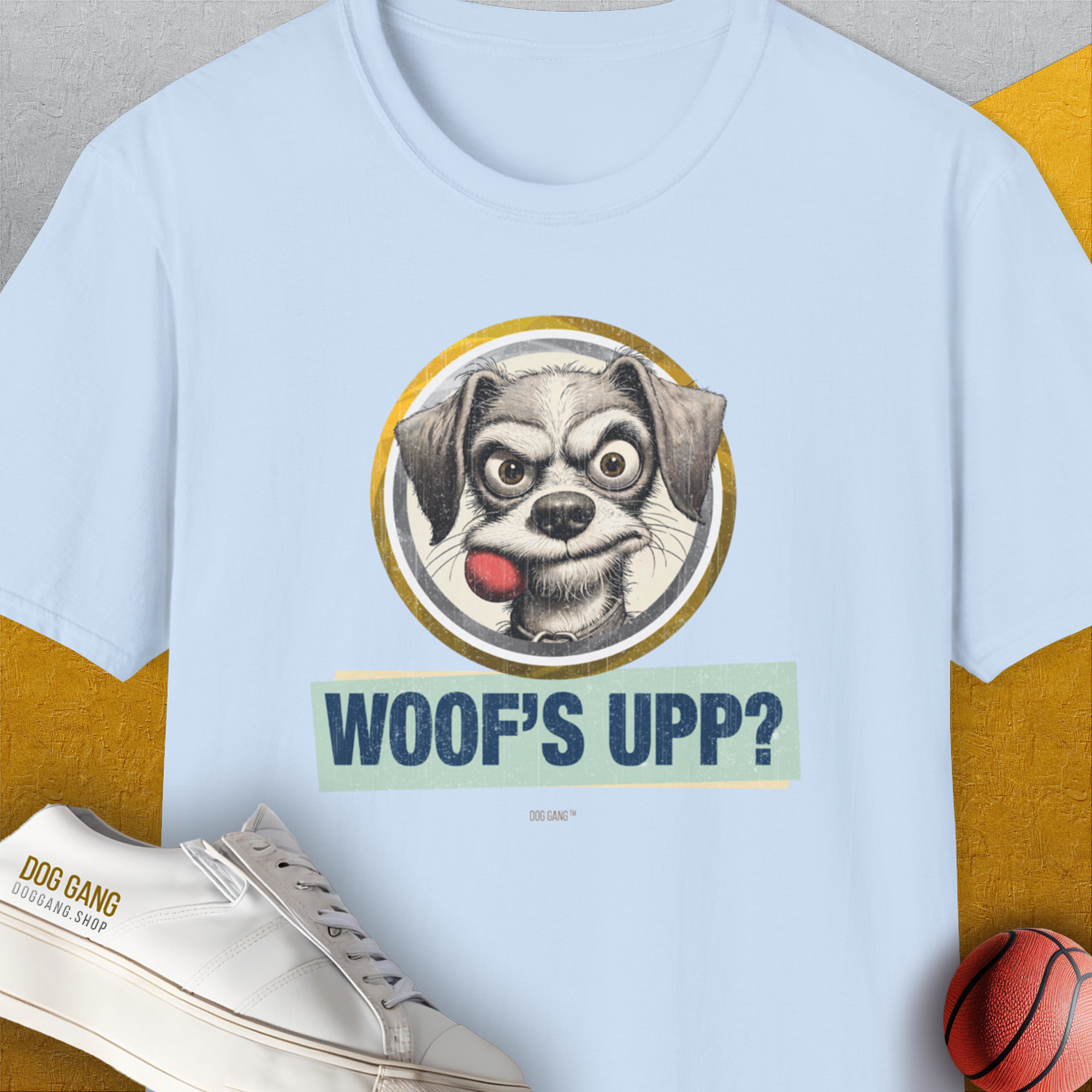 Woof's Upp? Volume 1, Unisex T-Shirt-Light Blue, Design by Dog Gang