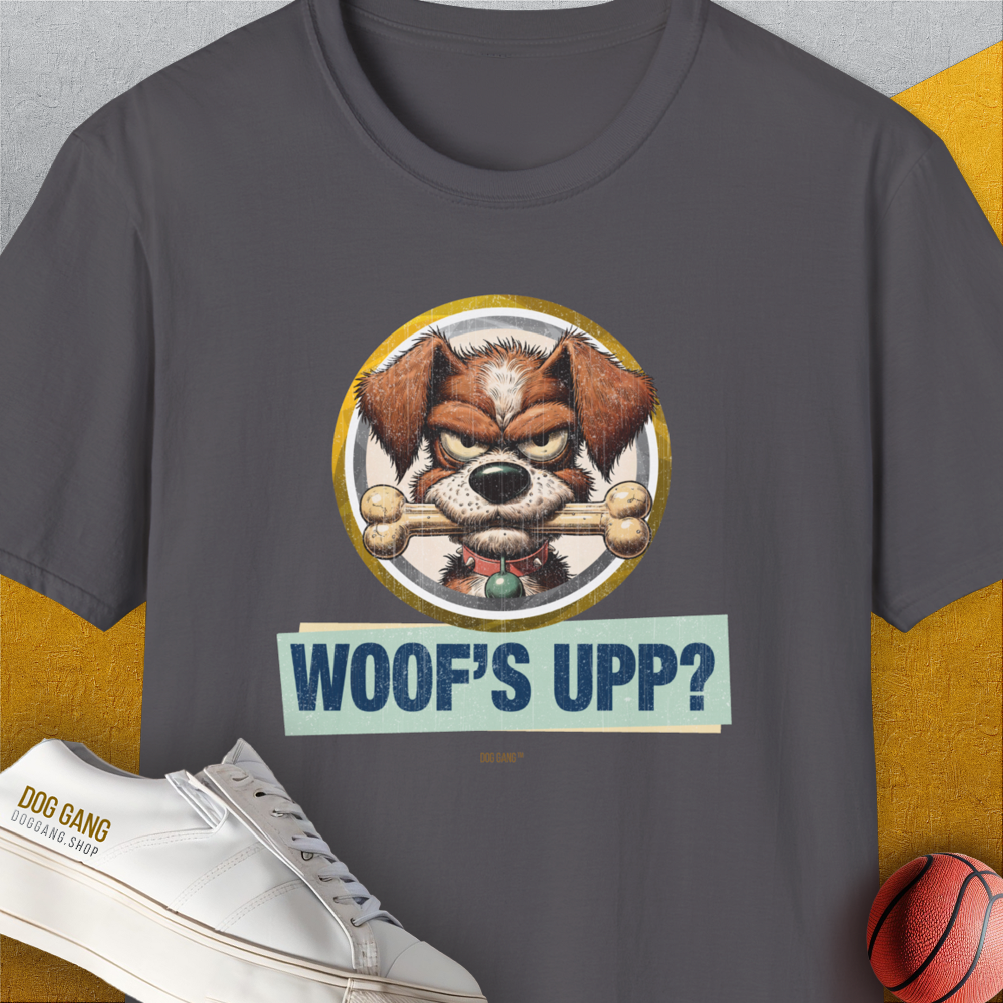 Woof's Upp? Volume 2, Unisex T-Shirt-Charcoal, Design by Dog Gang