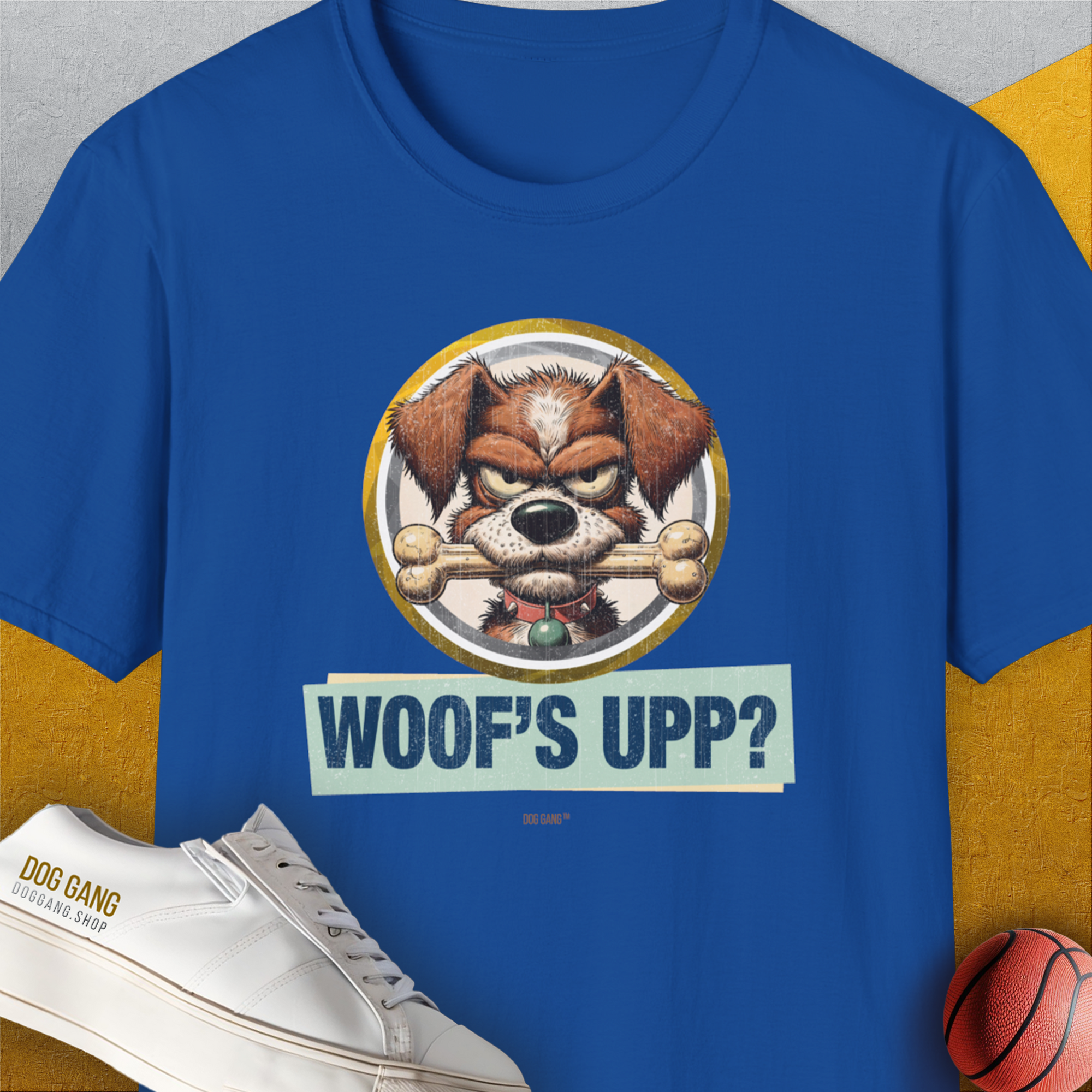 Woof's Upp? Volume 2, Unisex T-Shirt-Royal, Design by Dog Gang