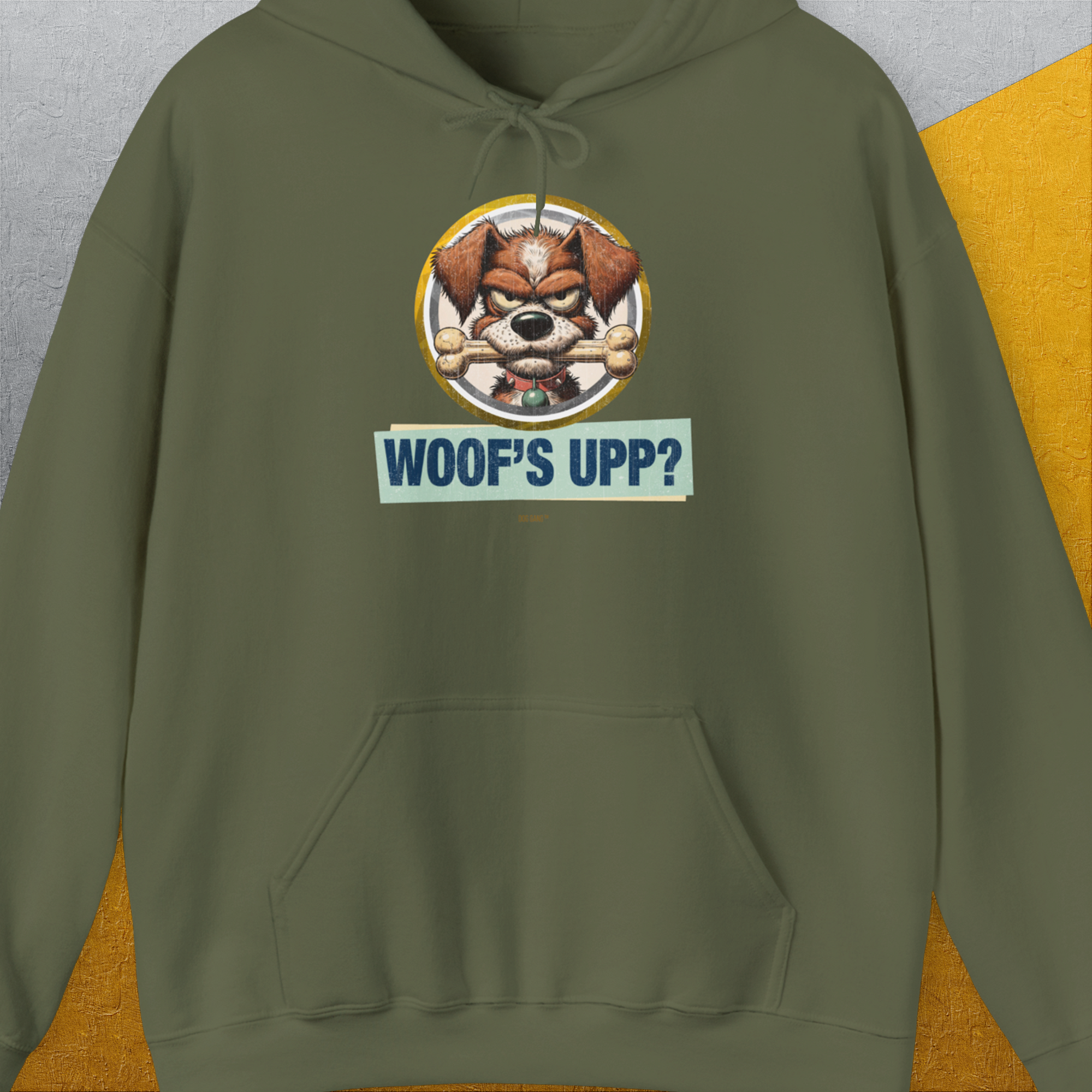 Woof's Upp? Volume 2, Unisex Hoodie-Military Green, Design by Dog Gang