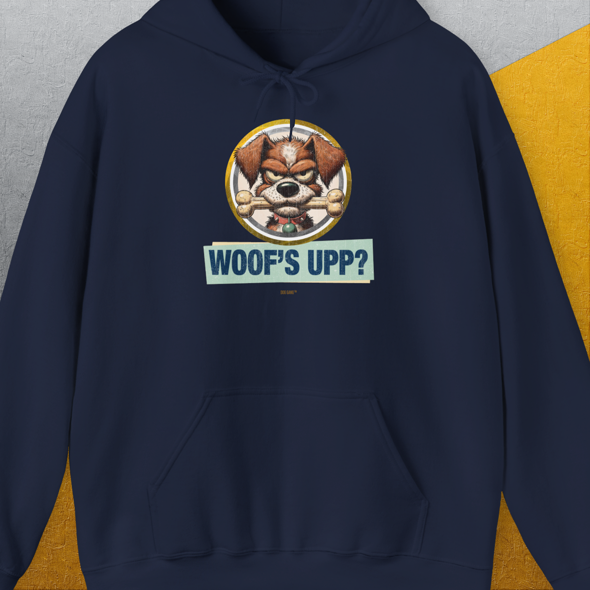 Woof's Upp? Volume 2, Unisex Hoodie-Navy, Design by Dog Gang