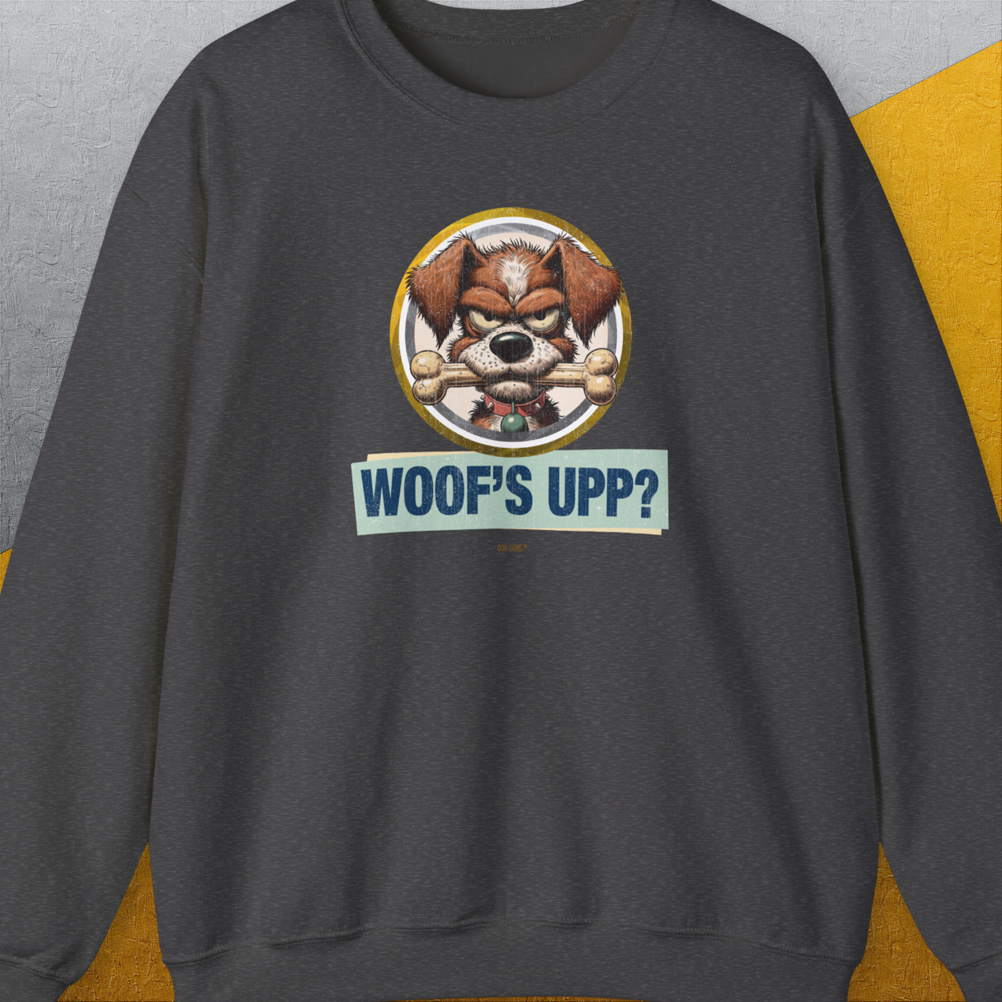 Woof's Upp? Volume 2, Unisex Sweatshirt-Dark Heather, Design by Dog Gang